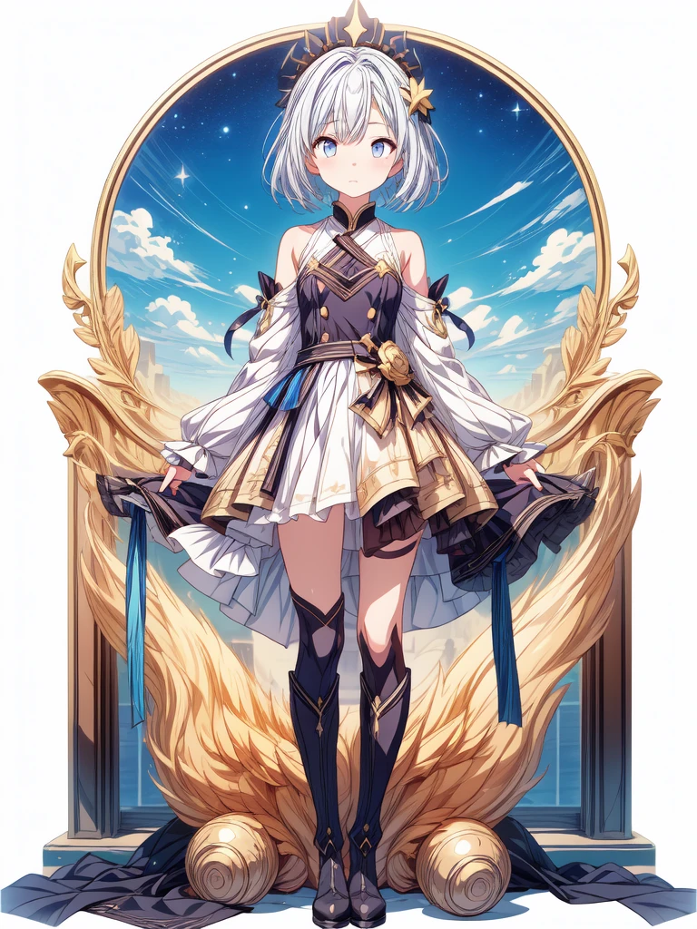 (((1girl)))、starの妖精、vtuber-fullbody、(((highest quality、Masterpiece、The best composition、Golden Ratio、Official Art、Super detailed、Super detailedな目)))、ultra detailed, from front, headshot、 blue and white hair color、Short bangs above eyebrows、Short Hair、Standing in front of the viewer、着物とゴスロリをリメイクしたMilky Way柄の洋服で濃紺と水色を基調にした色、The sleeves are long and the hands are hidden、Knee-high boots、Pure white simple background、star、Milky Way、universe、流star群、
