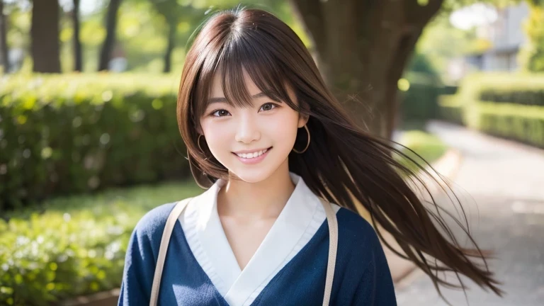 Produce the highest quality and highest resolution 8K images。The model is a 20-year-old Japanese woman.。The image depicts her posing and smiling for the camera.。She has brown eyes and a model figure.、She has an idol-level cute face.。The hair is long。Skin has a healthy color。Clothes、I'm wearing early summer clothes。The background is a tourist spot。