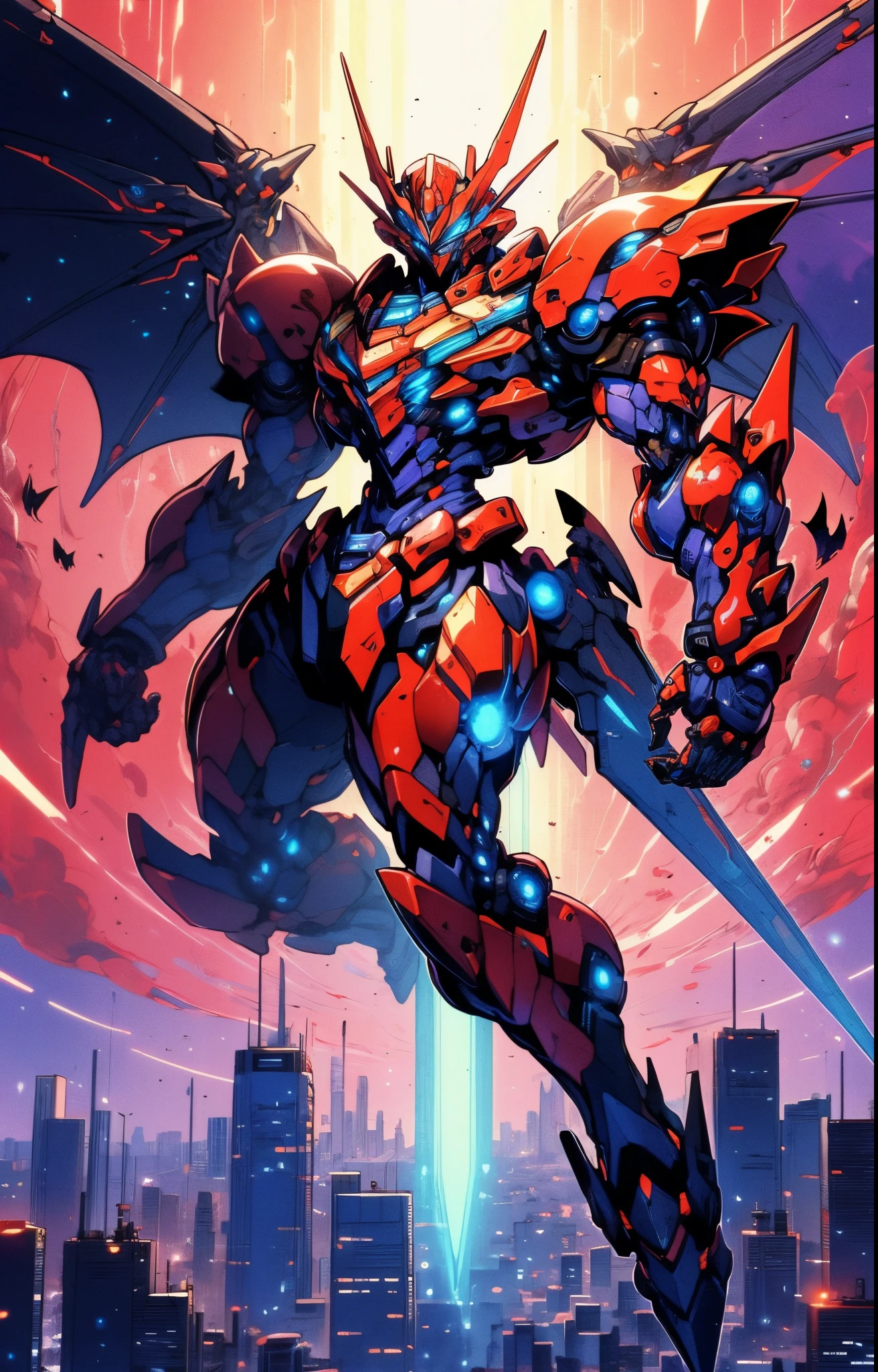 Humanoid Mecha, fully enclosed shoulder guards, matching arm and leg guards, full body, full armor, super robot, the design balances heavy with agility, (the color scheme is primarily white with red and blue accents, the concept Inspired by super robot, Bat concept chest armor, pose, standing, floating high above the futuristic sci-fi city), exquisite and mature art style, (aura effect, energy, glowing eyes, the armor glows), ((SRS)), metallic, dramatic, high definition, best quality, highres, ultra-detailed, ultra-fine painting, extremely delicate, professional, perfect body proportions, anatomically correct, symmetrical face, extremely detailed eyes and face, high quality eyes, creativity, RAW photo, UHD, 32k, Natural light, cinematic lighting, masterpiece-anatomy-perfect, masterpiece:1.5