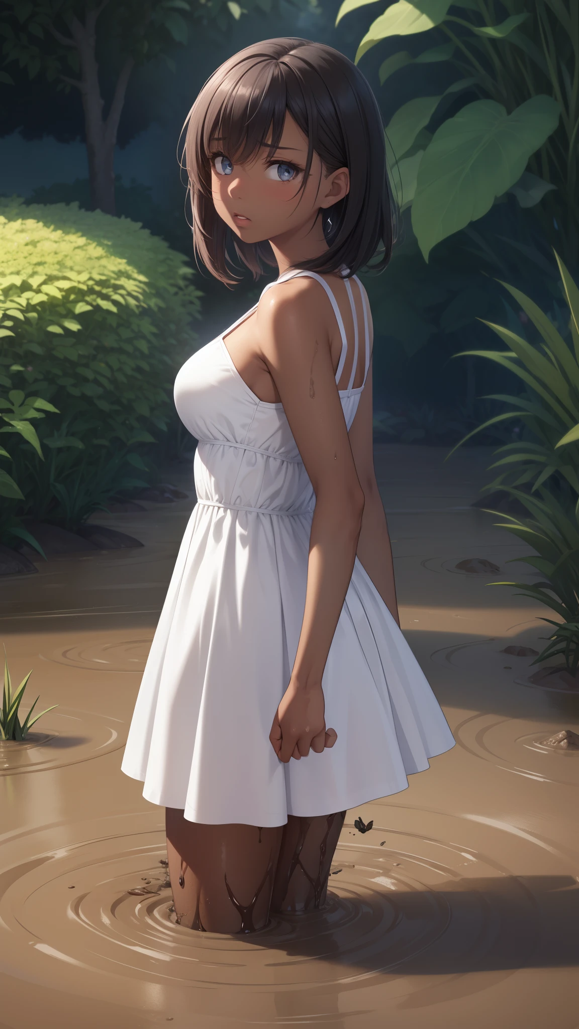 1girls, natural lighting, masterpiece, highly detailed, illustration, game CG, absurdres, high quality, aichan, beautiful detailed eyes, glossy lips, (upset), garden, looking back at viewer, (dark skin), short white dress, (sinking in mud), medium breasts
