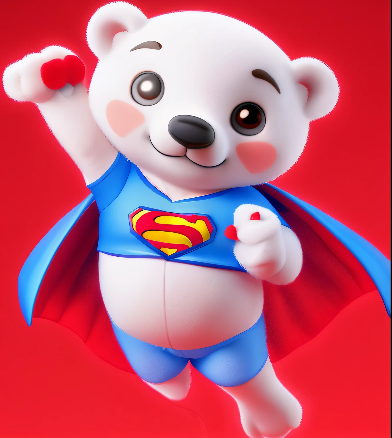 (Pixar)  Cute white bear cub in a blue cape with a Superman S logo on its chest, jumping and smiling against a red background, in the style of Disney Pixar, with a cute character design, zbrush render.