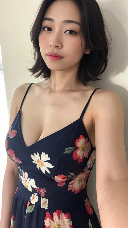 highest quality,masterpiece,Ultra-high resolution,(Realistic:1.4),Beautiful lighting, (Highly detailed CG Unity 8k wallpaper), Beautiful face in every detail,Detailed clothing, 50mm portrait photography, No background、One Girl,Big black eyes, cute, young, Temporarily stop, Facial Lighting, Physically Based Rendering,Written boundary depth , Black Hair, short hair, ((Take from above)), Japanese women、20-year-old、Navy floral dress、(Big Breasts)、(Upper Body)、Young and beautiful woman taking a selfie, Taken with iPhone camera、In front of a white wall