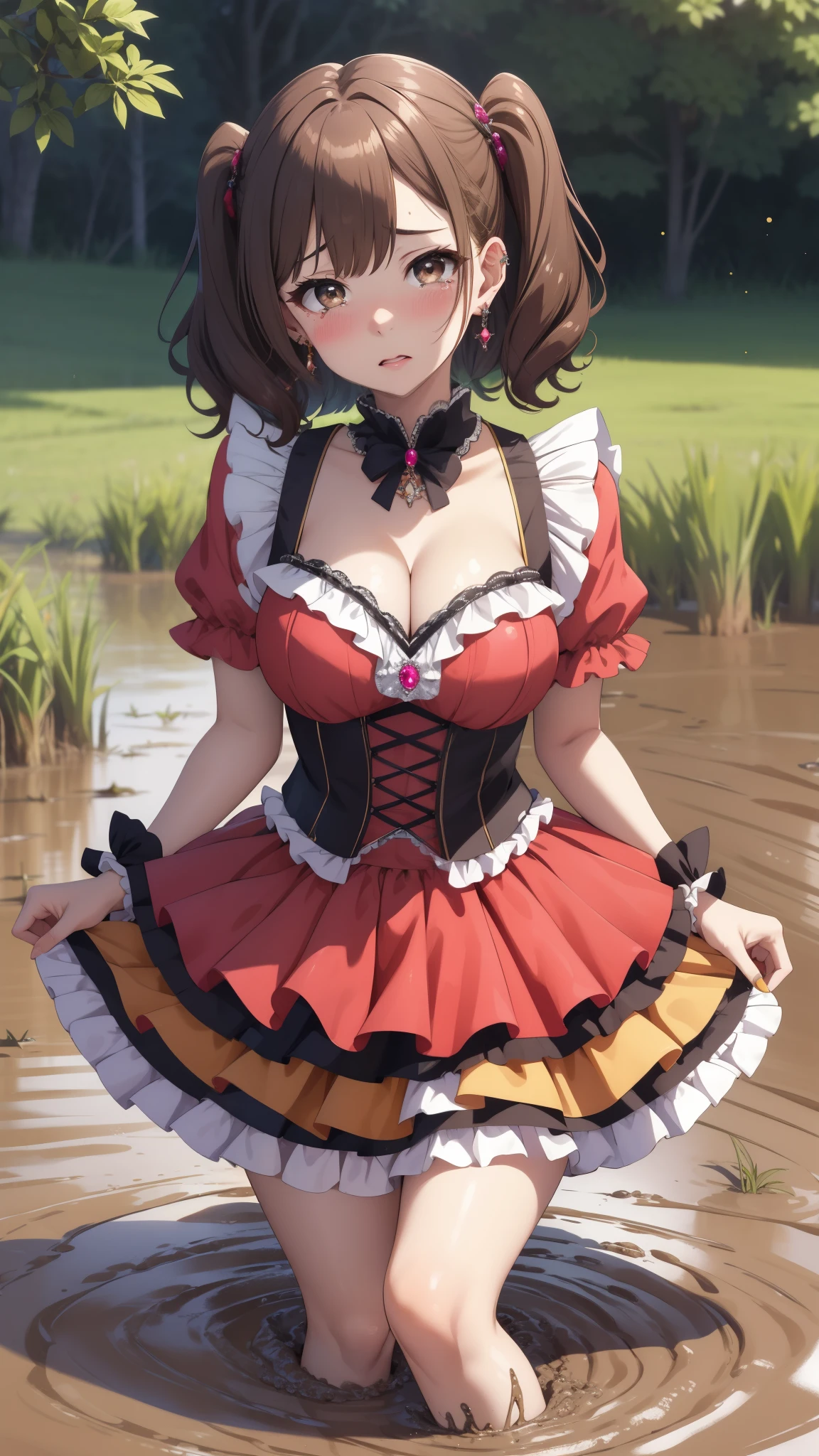 masterpiece, best quality, highres, 1girl, gradient hair, jewelry, earrings, piercing, glossy lips, (upset, crying), idol dress, puffy skirt, flared skirt, cleavage, kitagawa marin, aichan, looking up at viewer, short curly hair, twintails, (sinking in mud), garden
