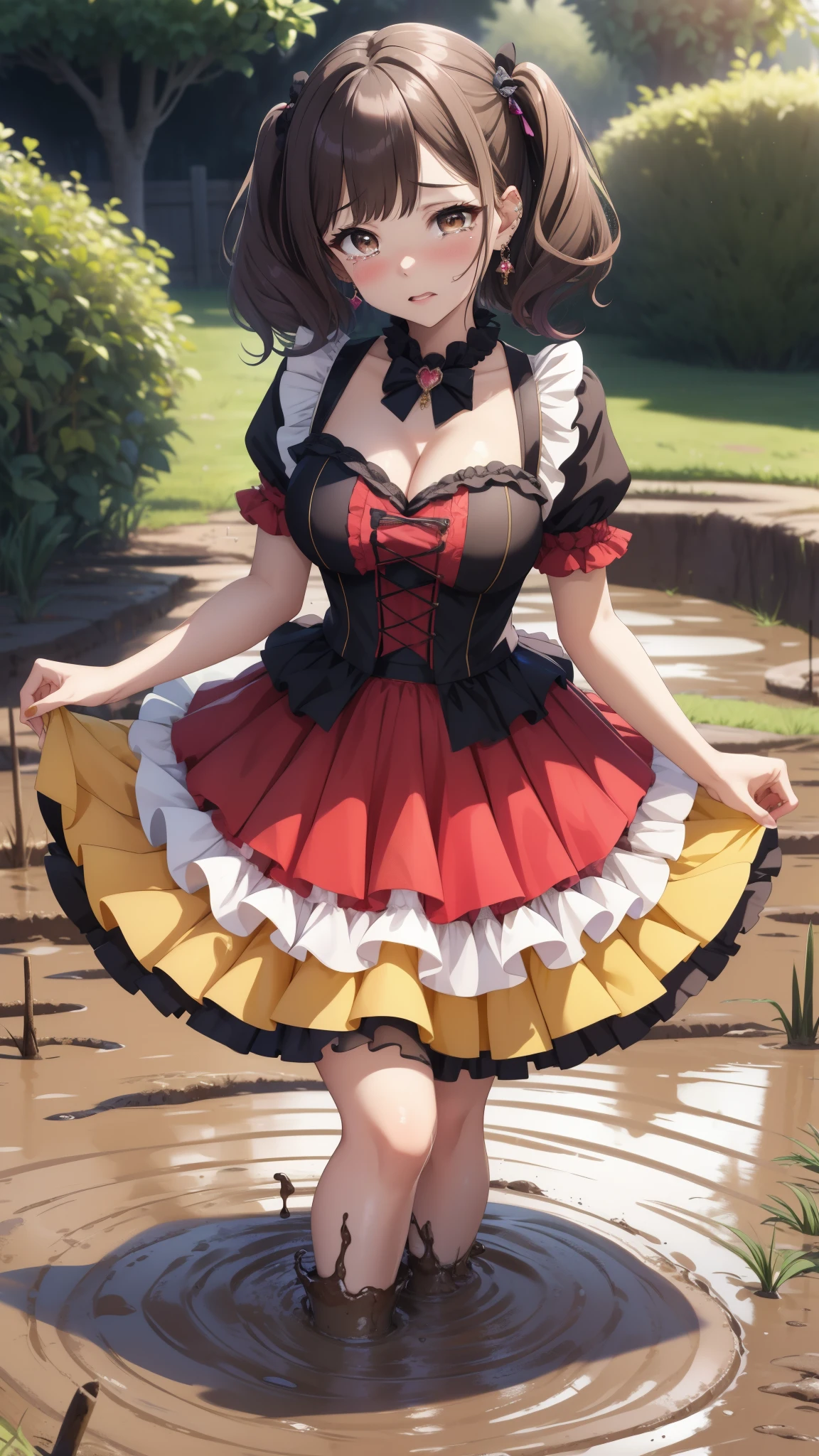 masterpiece, best quality, highres, 1girl, gradient hair, jewelry, earrings, piercing, glossy lips, (upset, crying), idol dress, puffy skirt, flared skirt, cleavage, kitagawa marin, aichan, looking up at viewer, short curly hair, twintails, (sinking in mud), garden