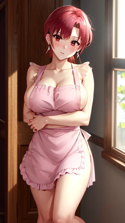 (masterpiece, highest quality:1.2), bazett, FGO, One girl, alone, short hair, Redhead, bangs, Red eyes、blush、Big Breasts, Earrings, (Naked Apron:1.3),kneel:1.3