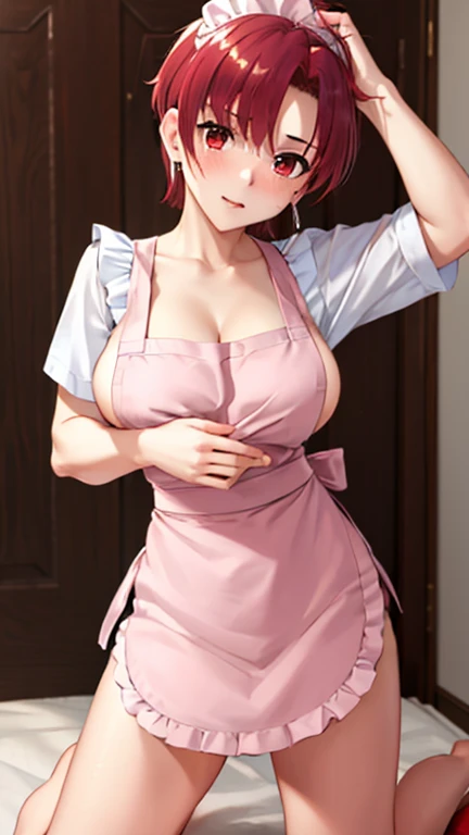 (masterpiece, highest quality:1.2), bazett, FGO, One girl, alone, short hair, Redhead, bangs, Red eyes、blush、Big Breasts,  Earrings, (Naked Apron:1.3),kneel:1.3