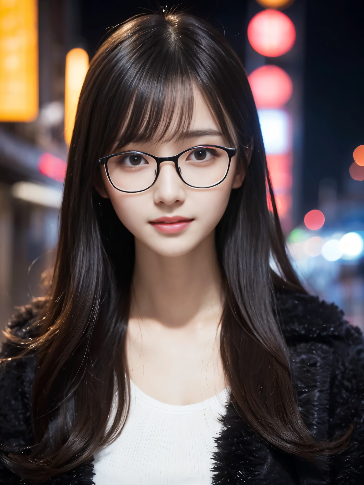 beautiful young girl, 非常にbeautiful detailsな顔, (Slender body:1.4), (Detailed face:1.2), Conceptual Art, high quality, Realistic, Very detailed CG 統合 8k 壁紙, Very detailed, High-resolution RAW color photos, Professional photography, Cinematic Light, beautiful details, Very detailed, Advanced Details, Depth of written border, Super stylish lighting, (beautiful :1.2), Smooth and flawless skin, Expressive and captivating eyes, distinct facial features, Perfectly balanced face, Fine Details and Realistic Textures，Busy Street,night,Neon Street,Blurred Background，Standing position，(Winter，black fluffy jacket),Glasses,looks fun，Showing teeth，smile
