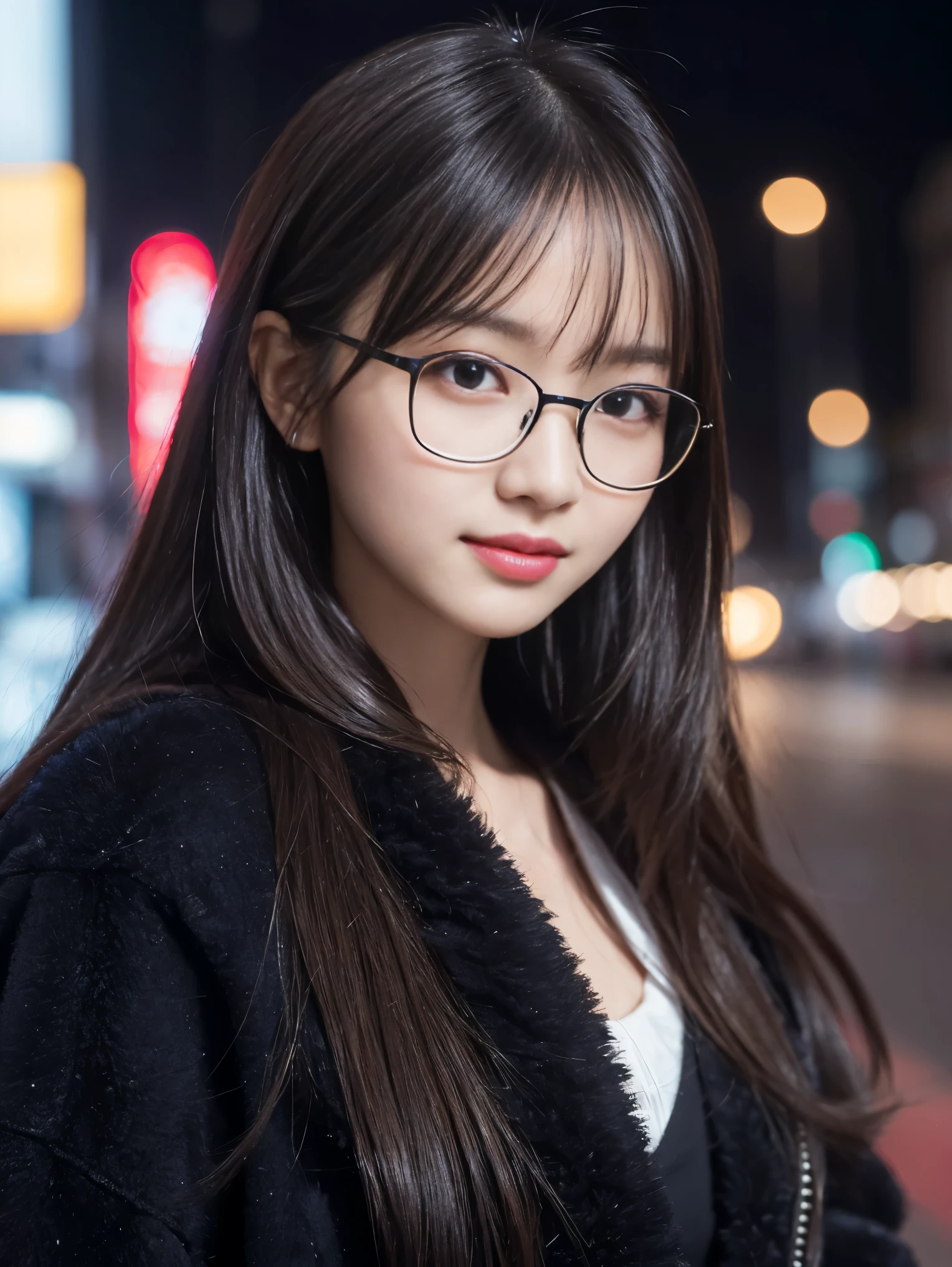 beautiful young girl, 非常にbeautiful detailsな顔, (Slender body:1.4), (Detailed face:1.2), Conceptual Art, high quality, Realistic, Very detailed CG 統合 8k 壁紙, Very detailed, High-resolution RAW color photos, Professional photography, Cinematic Light, beautiful details, Very detailed, Advanced Details, Depth of written border, Super stylish lighting, (beautiful :1.2), Smooth and flawless skin, Expressive and captivating eyes, distinct facial features, Perfectly balanced face, Fine Details and Realistic Textures，Busy Street,night,Neon Street,Blurred Background，Standing position，(Winter，black fluffy jacket),Glasses,looks fun，Showing teeth，smile