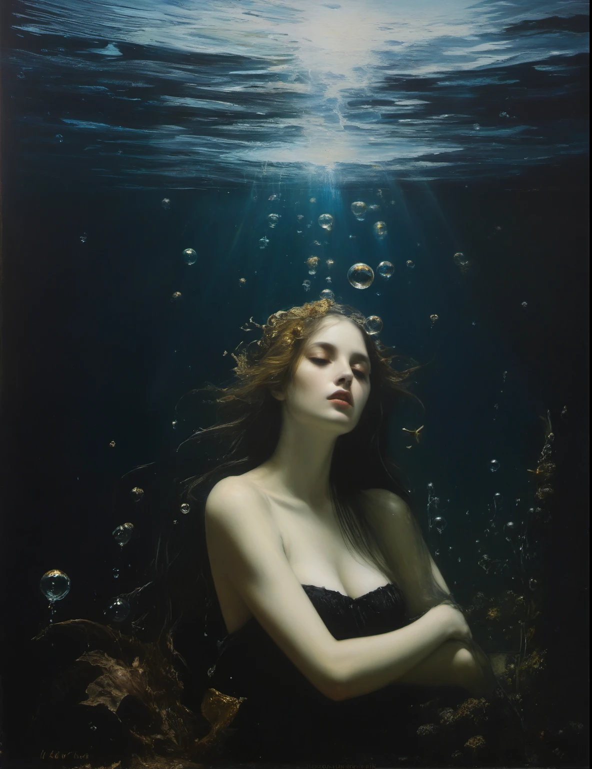 James Gurney, Surrealist art , dream-like, Mysterious, Provocative, symbolic, Complex, detailed,, (Gothic but very beautiful:1.4), (masterpiece, highest quality:1.4) , Nicola Samori Style, siren 、Water bubbles、Underwater