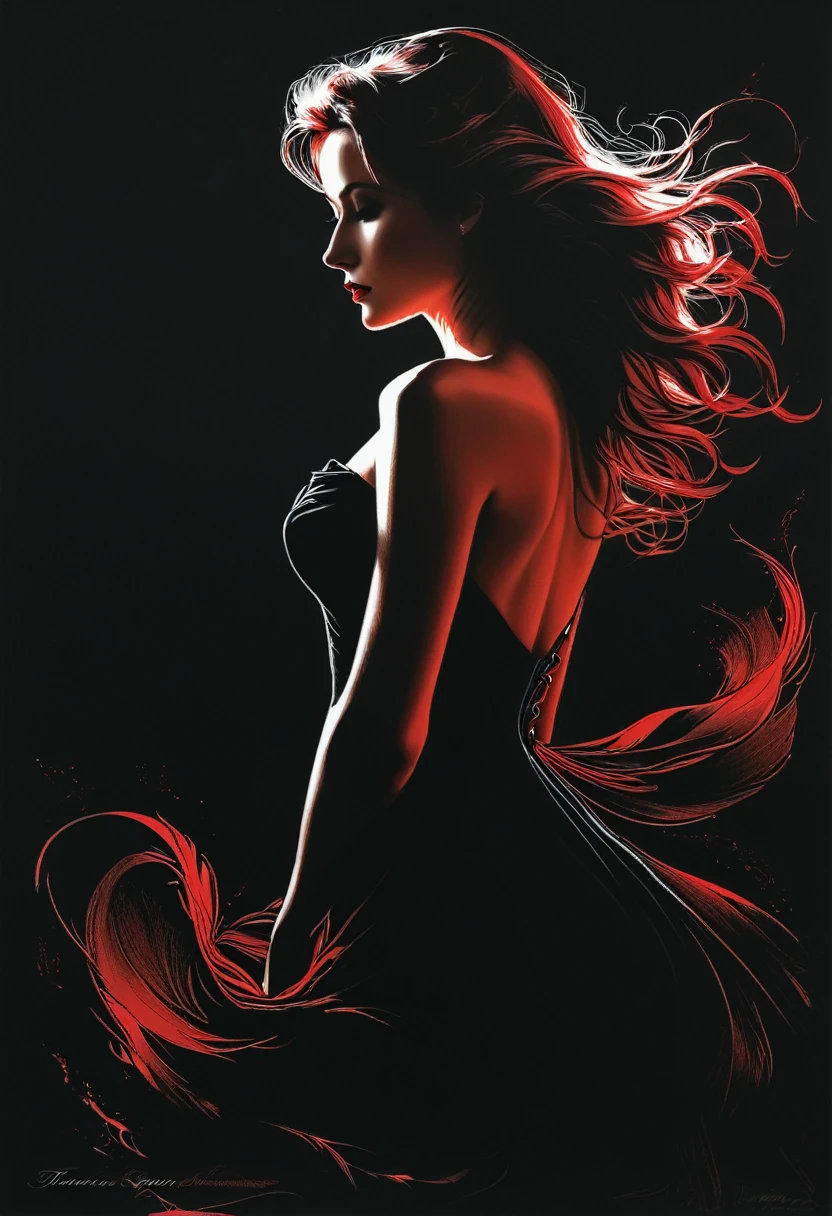 Poster, close-up, Full body, Shadow art, red outline drawing on a dark black background, Red outline silhouette, flowing hair, silhouette of a beautiful young woman, perfect physique, slender graceful forms, charming modesty, perfection in a tight black silk dress, resolution 8k, Side view, Shadows, Mysterious,
style of Jean Baptiste Monge, Thomas Kinkade, David Palumbo, Carne Griffiths.