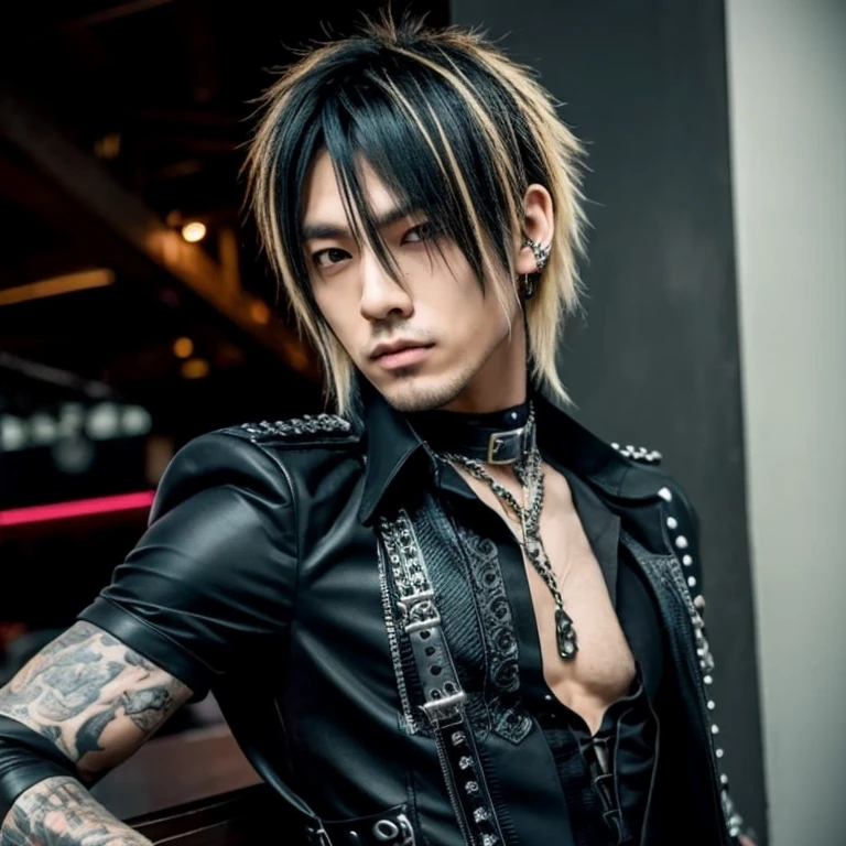 1 japanese male rocker, asien eyes, Visual Kai hairstyle, ultra detailed face, body and eyes, hyperrealistic, realistic representation, muscular, broad shoulders, tattoos gothic style, Visual Kei style, 30 years old, age 30, outfit gothic streampunk, men's shirt and black pants, rocker outfit, black and blond hair, full body
