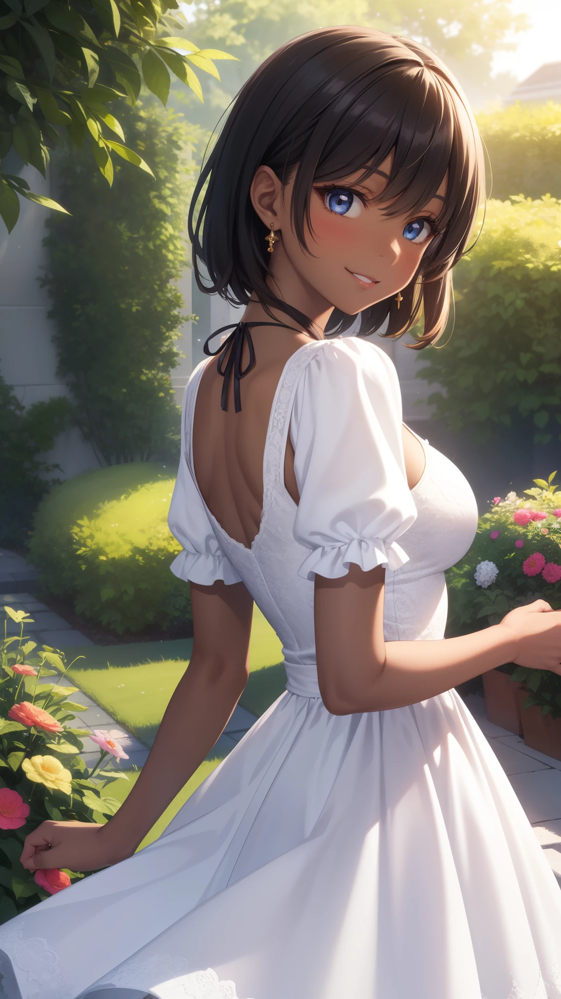 1girls, natural lighting, masterpiece, highly detailed, illustration, game CG, absurdres, high quality, aichan, beautiful detailed eyes, glossy lips, light smile, garden, looking back at viewer, (dark skin), short white dress, medium breasts