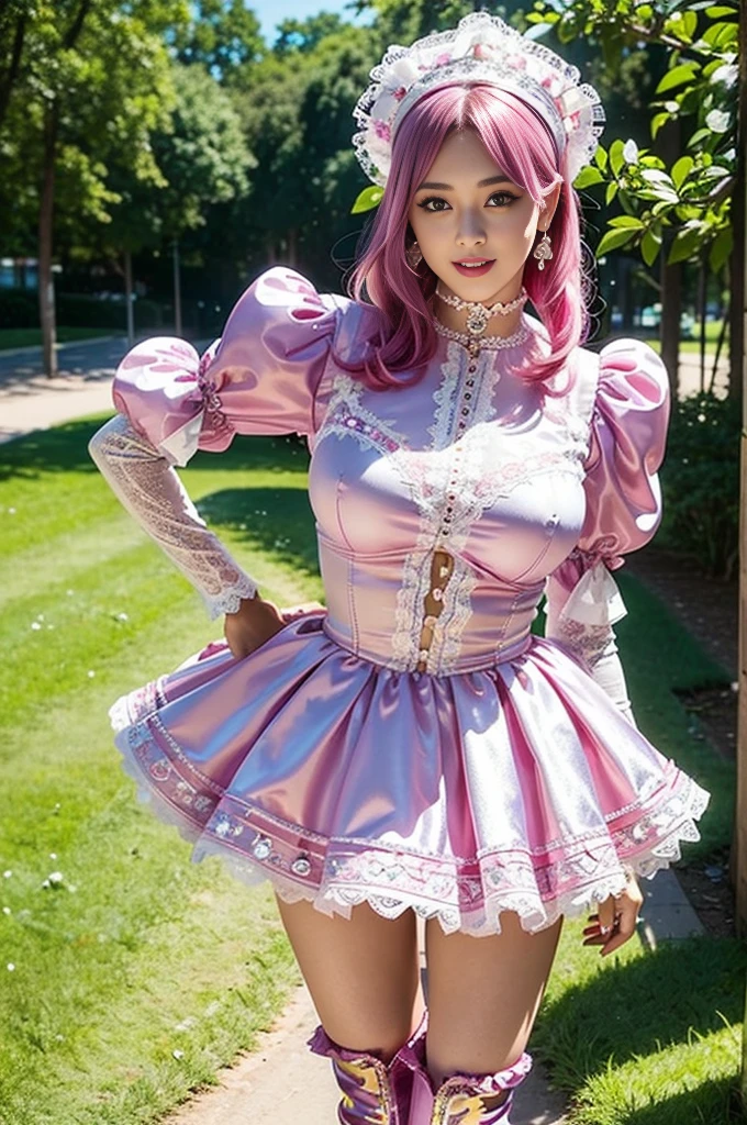 (nsfw), sexy stylish Swedish model, only 1 female, ((doll-like appearance)), short neon pink stylish hair, ((shiny Victorian-Style boots)), (big smile), ultra detailed eyes, vivid eye makeup, lip-gloss, long lashes, defined eyebrows, ((sexy Paradise Kiss cosplay)), bell-shaped skirt, petticoats, high neckline, puffed sleeves, ((ultra detailed lace)), ((ultra detailed embroidery)), intricate details, Paradise Kiss accessoires and matching headpiece, choker, ((large sparkling Paradise Kiss jewelry)), cinematic light, detailed large park background with trees