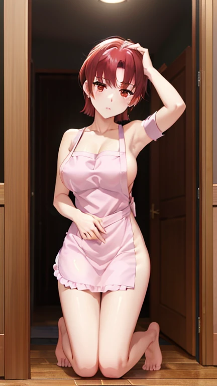 (masterpiece, highest quality:1.2), bazett, FGO, One girl, alone, short hair, Redhead, bangs, Red eyes、blush、Big Breasts, Earrings, (Naked Apron:1.3),(((kneel:1.3)))、entrance