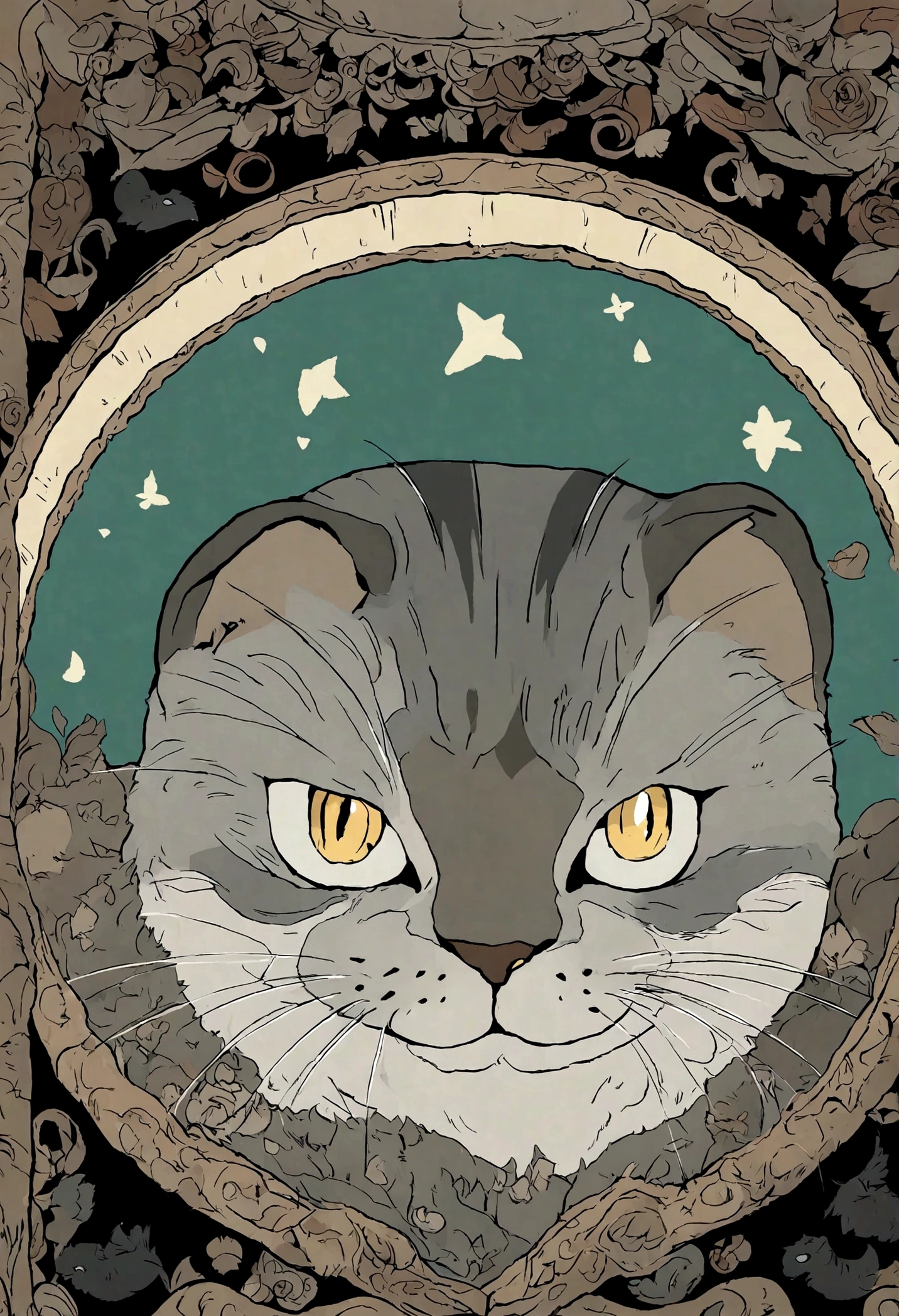 super gato, Dark grey Tabby cat with white bottom, studio_ghibli_anime_style style, 2d