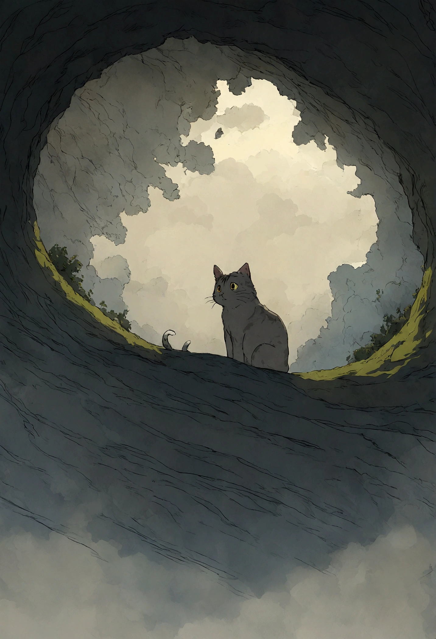 super gato, Dark grey Tabby cat with white bottom, studio_ghibli_anime_style style, 2d