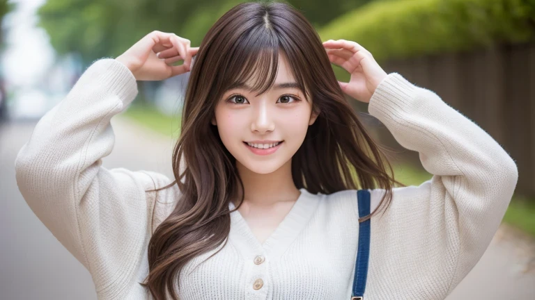 Produce the highest quality and highest resolution 8K images。The model is a 20-year-old Japanese woman.。The image depicts her posing and smiling for the camera.。She has brown eyes and a model figure.、She has an idol-level cute face.。The hair is wavy。Skin has a healthy color。Clothes、I'm wearing early summer clothes。Please imagine the situation of taking a commemorative photo while traveling alone.。