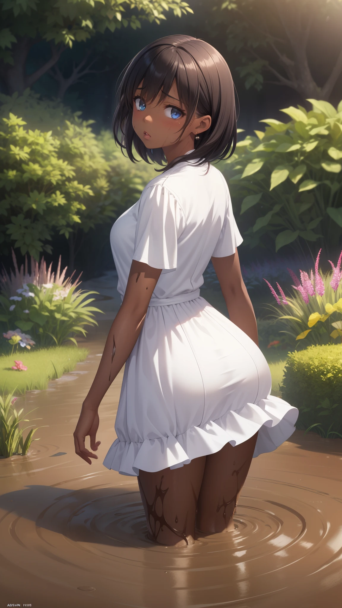 1girls, natural lighting, masterpiece, highly detailed, illustration, game CG, absurdres, high quality, aichan, beautiful detailed eyes, glossy lips, (upset), garden, looking back at viewer, (dark skin), short white dress, (sinking in mud)