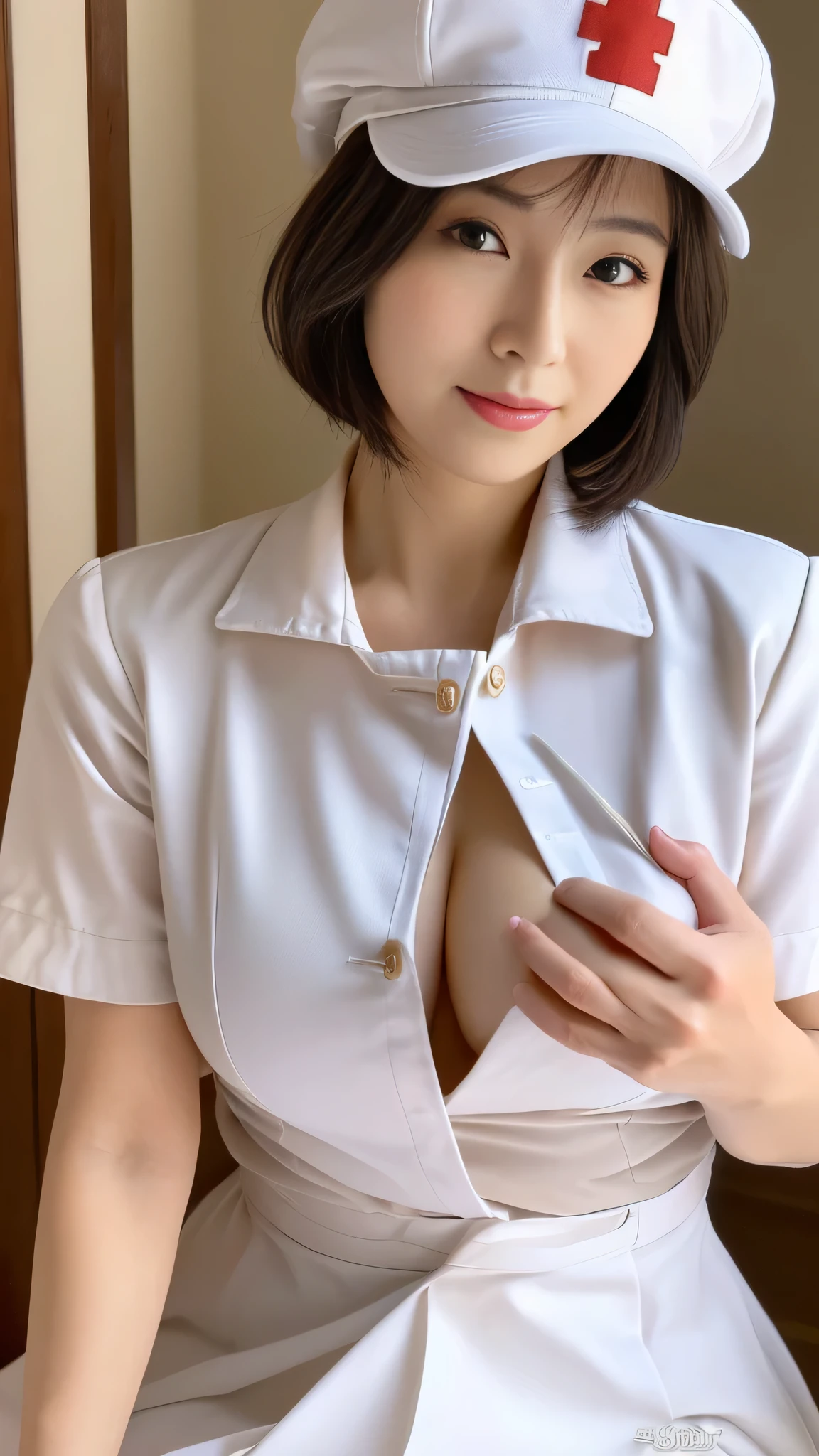 (8k, best quality, masterpiece, golden ratio composition,:1.3), (beautiful Japanese mature woman in her 30s), (wearing white Nurse's uniform, Nurse cap:1.2), (huge breasts), short cut hair
