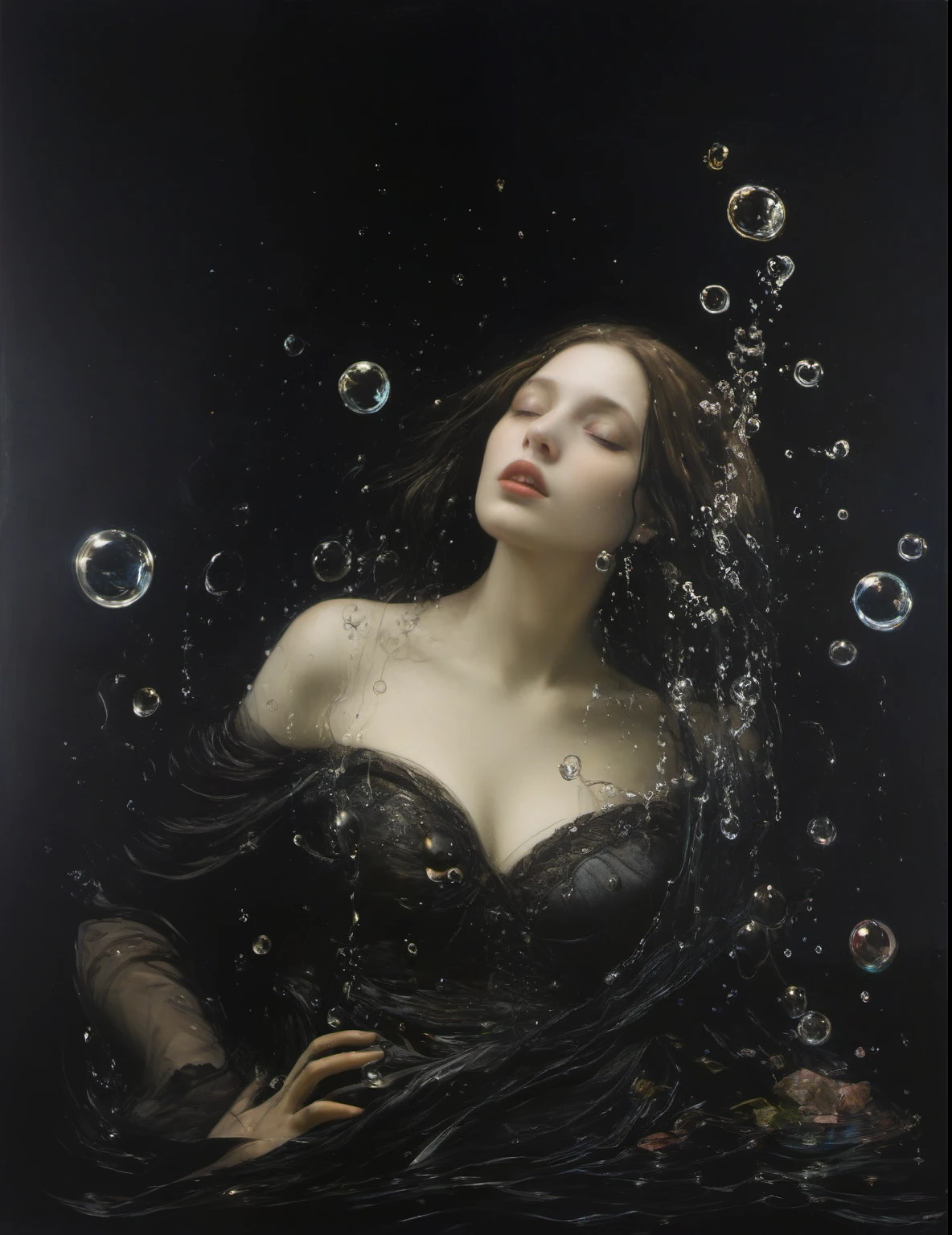 James Gurney, Surrealist art , dream-like, Mysterious, Provocative, symbolic, Complex, detailed,, (Gothic but very beautiful:1.4), (masterpiece, highest quality:1.4) , Nicola Samori Style, siren 、Water bubbles、Underwater