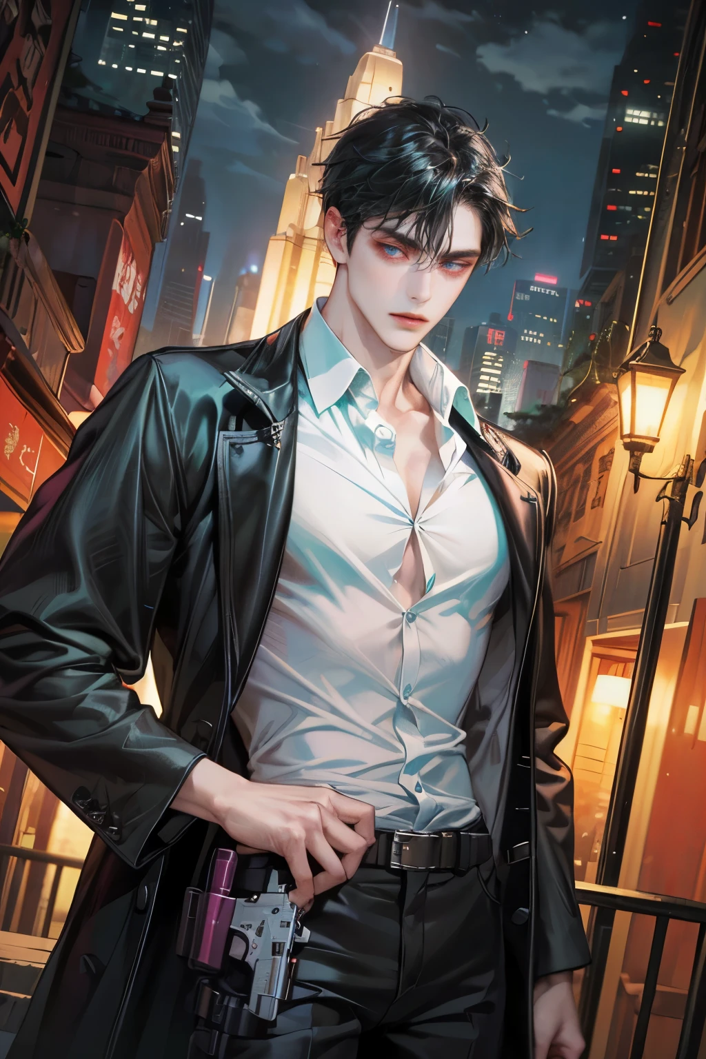 (absurdres, highres, ultra detailed, original character, HDR), 1 british boy, solo, adult, handsome, ((tall muscular guy, broad shoulders)), finely detailed eyes, (black hair), hair between eyes, turquoise eyes, holographic, futuristic, casual outfit, black coat, gun holster, (body tight white shirt), big pecs, ((wearing a black earring)), cowboy shot, dutch angle, face focused, tower walled city scenery, dystopian hong kong city, skyscrapers, Cyan, Magenta, long face, closed mouth, looking at viewer, depth of field, bokeh