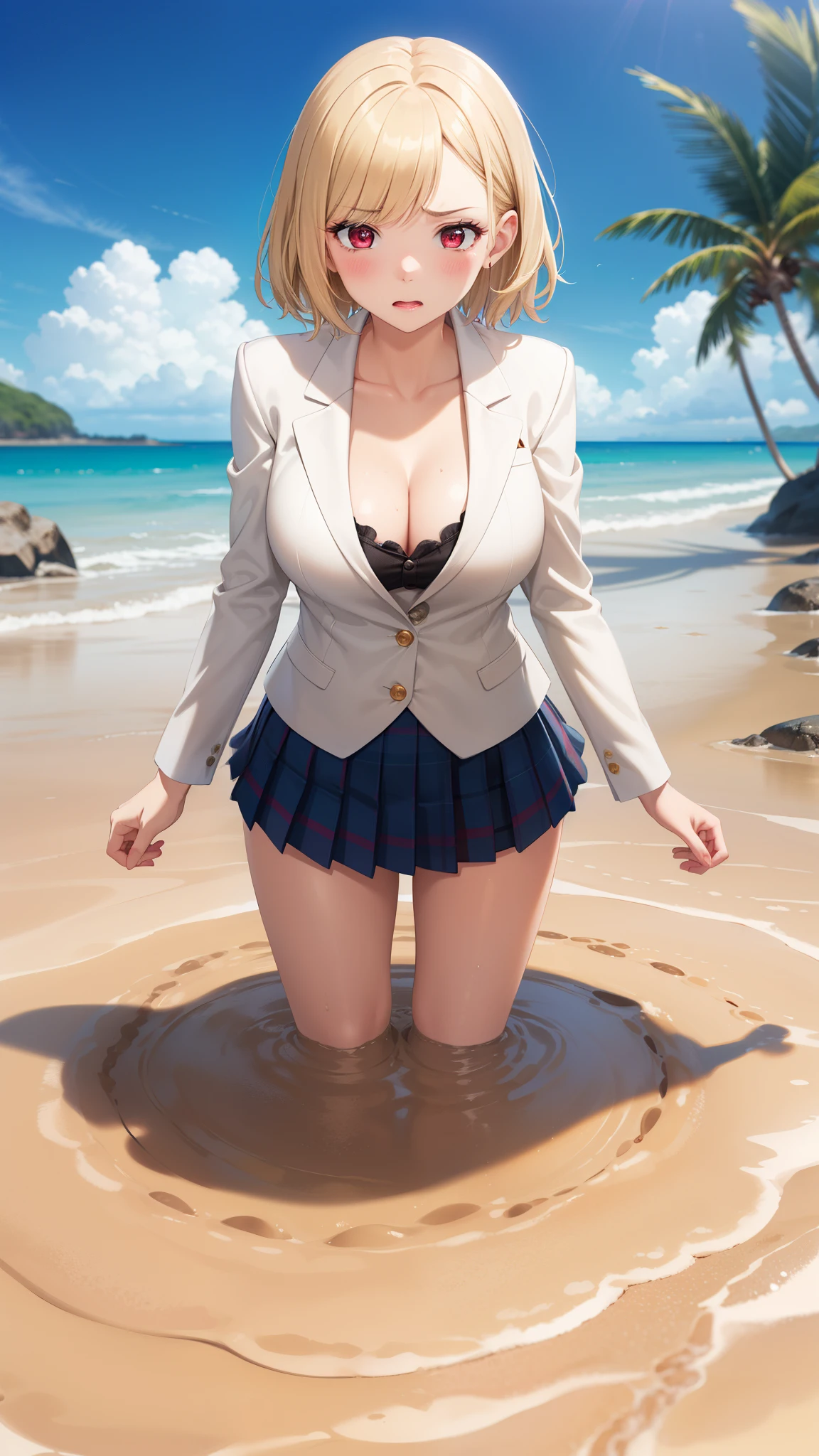 masterpiece, ultra-detailed, illustration, game cg, best quality, highres, kitagawa marin, 1girl, short fluffy blonde hair, swept bangs, gradient hair, red eyes, glossy lips, (upset), large breasts, red puffy miniskirt, white blazer, beach, (quicksand:1.3)