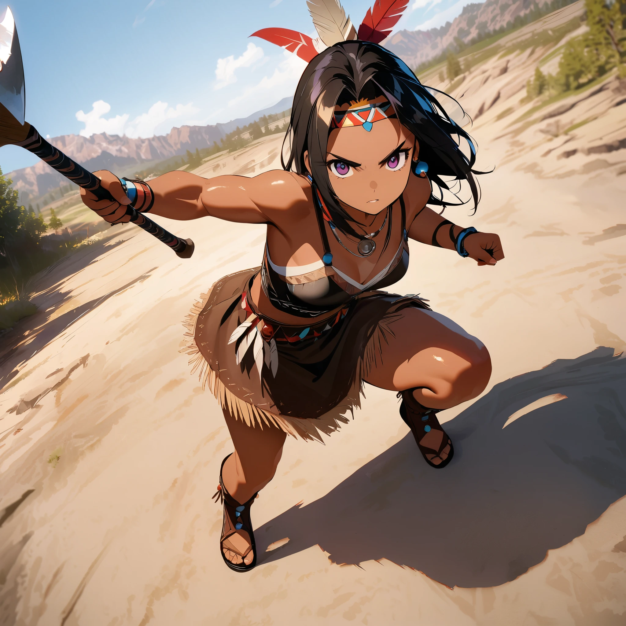 Native American female warrior\(cute,beautiful,age of 18,(muscular:1.5),(holding 1tomahawk:1.3),dark skin,dark floating hair,dark shiny eyes,big eyes,face with strong will,leather dress\(fringe, glass beads\),indian cape\(fringe, glass beads\), war bonnets\(Native American feather crown\),shiny dark fresh skin,breast,necklace\(lots of fangs),indian moccasins,glass bead earrings,full body\), BREAK ,background\((outside:1.3),(wilderness:1.3),wasteland\),((Dynamic fighting stance)), ((dynamic angle)), BREAK ,quality\(8k,wallpaper of extremely detailed CG unit, ​masterpiece,hight resolution,top-quality,top-quality real texture skin,hyper realisitic,increase the resolution,RAW photos,best qualtiy,highly detailed,the wallpaper,cinematic lighting,ray trace,golden ratio\)[nsfw:2.0],looking at viewer,long shot, wide shot,show tomahawk