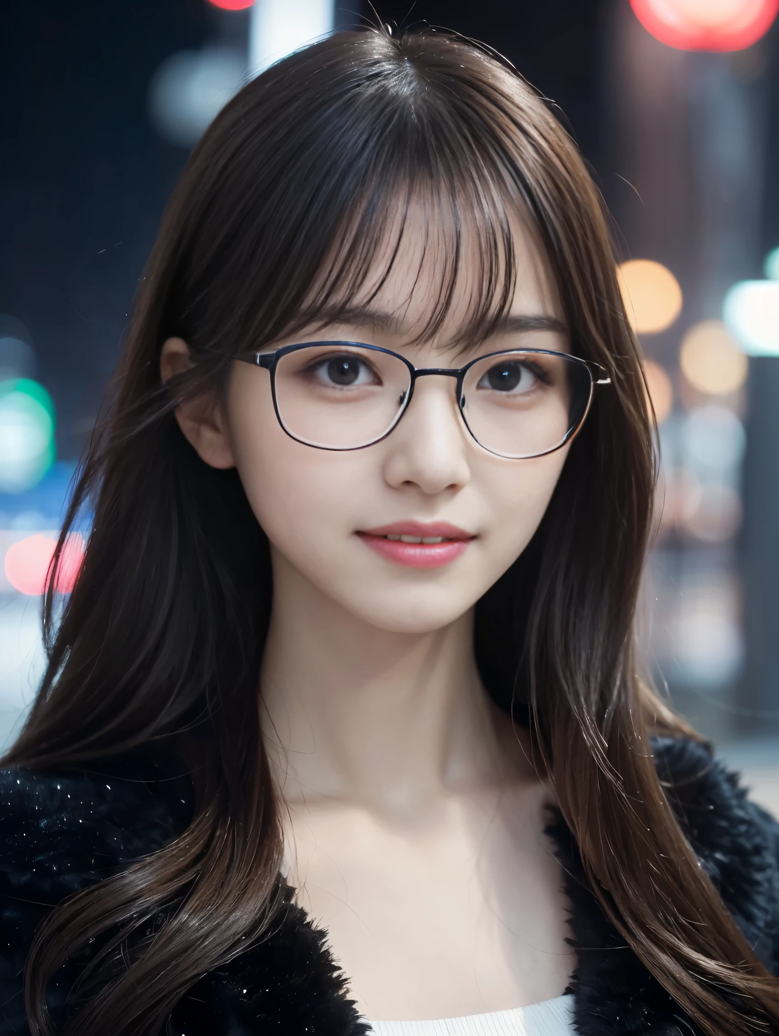 beautiful young girl, 非常にbeautiful detailsな顔, (Slender body:1.4), (Detailed face:1.2), Conceptual Art, high quality, Realistic, Very detailed CG 統合 8k 壁紙, Very detailed, High-resolution RAW color photos, Professional photography, Cinematic Light, beautiful details, Very detailed, Advanced Details, Depth of written border, Super stylish lighting, (beautiful :1.2), Smooth and flawless skin, Expressive and captivating eyes, distinct facial features, Perfectly balanced face, Fine Details and Realistic Textures,Busy Street,night,Neon Street,Blurred Background,Standing position,(Winter,black fluffy jacket),Glasses,looks fun,Showing teeth,smile