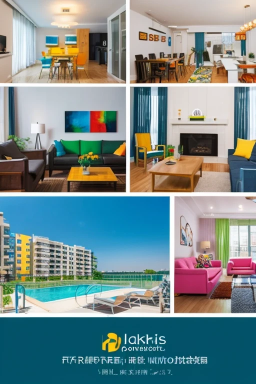 logo for an apartment rental company. active colors. images of furniture,Stay,entertainment.