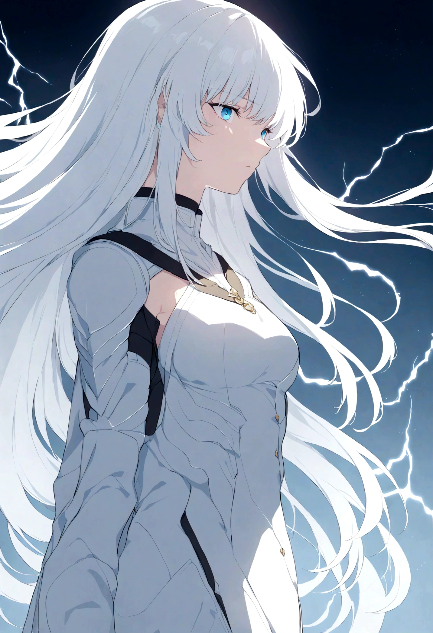 100_Electrical style,Griffith, white hair, 从side, Look away.long hair,fierce,side,Blue eyes