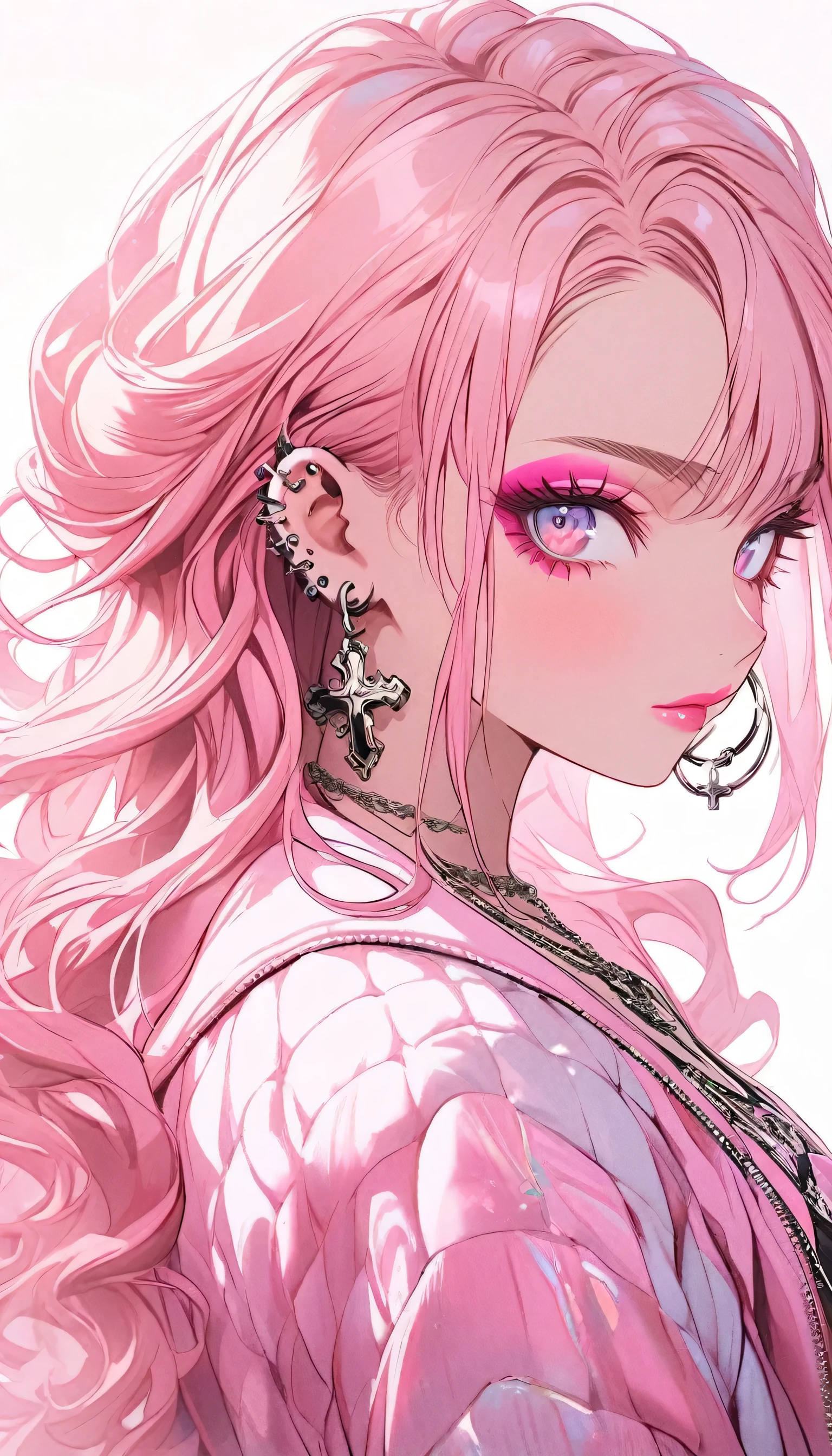 Niji Style, 1girl, solo, long hair, looking at viewer, blue eyeackground, white background, jewelry, closed mouth, jacket, upper body, pink hair, earrings, pink eyes, necklace, from side, sweater, lips, eyelashes, makeup, wavy hair, piercing, cross, lipstick, ear piercing, eyeshadow, hoop earrings, pink lips, multicolored eyes, pink theme, pink eyeshadow,
