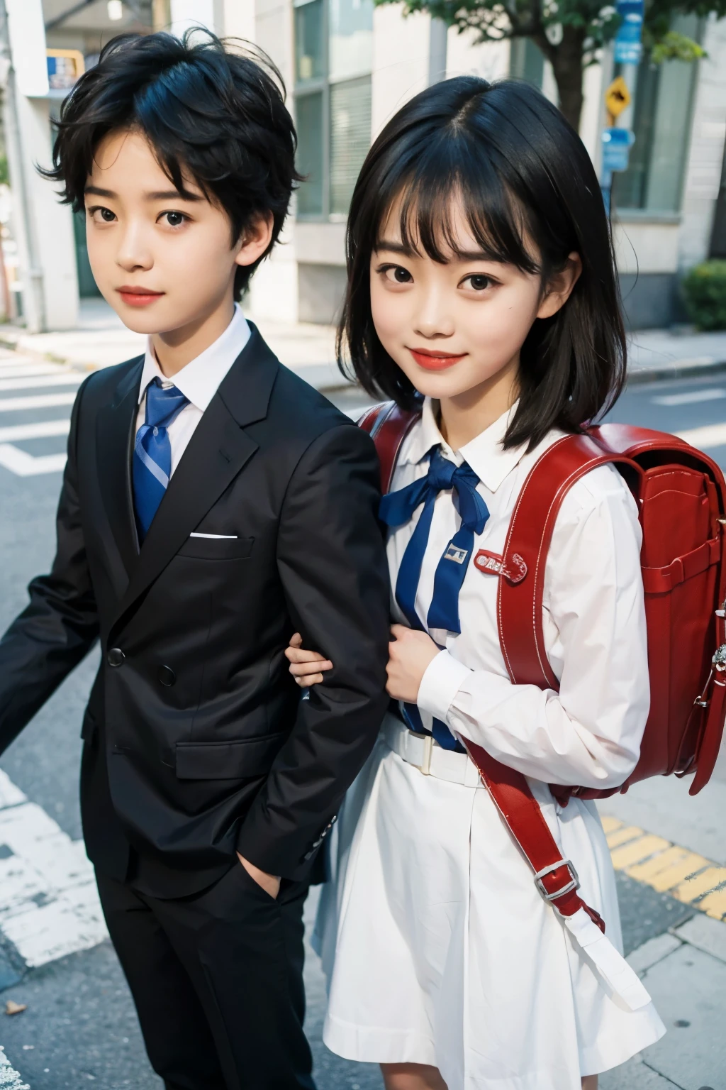 Masterpiece, hd, realistic, high****** students, 1girl and 1boy,  school_uniform, standing, outdoor, a couple a boy  and a girl, (1boy, black hair, smilewearing black blazer, white collared shirt, necktie, standing), (1girl, black hair, short hair, smile, wear white dress, blue tie, carries  red backpack, standing), (couple:1.2)