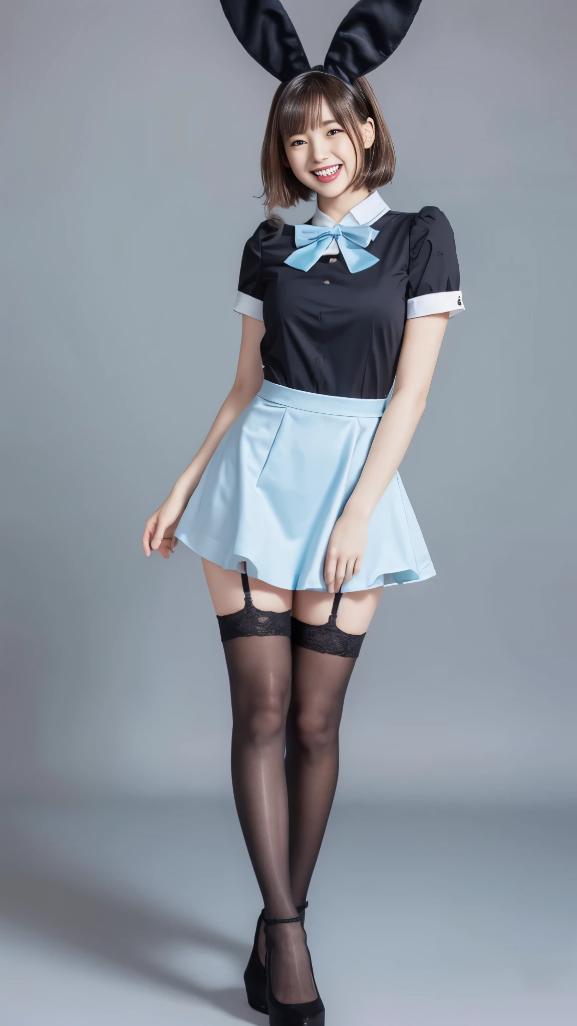Bunny girl in light blue maid outfit:1.5，wear black tights:1.5，Big Laugh:1.5，Full Body Shot:1.5，Gray background:1.5，Wearing black high heels:1.5，Short cut side wave:1.5，