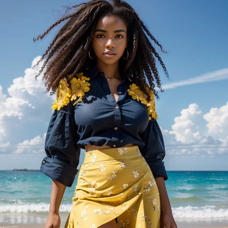 Ultra-realistic, 4k, professional photo, 22 year old girl, black girl, big curly hair, HDR, detailed face, medium body, yellow skirt with flower, (open unbuttoned blue shirt), Masterpiece, (lighting), (1solo), beach background, realistic background, realistic photo