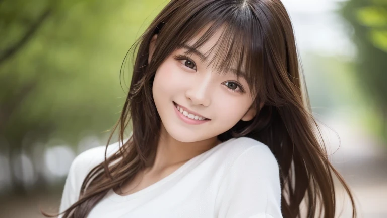 Produce the highest quality and highest resolution 8K images。The model is a 20-year-old Japanese woman.。The image depicts her posing and smiling for the camera.。She has brown eyes and a model figure.、She has an idol-level cute face.。The hair is wavy。Skin has a healthy color。Clothes、I&#39;m wearing early summer clothes。The image is meant to be a commemorative photo taken while traveling alone.。