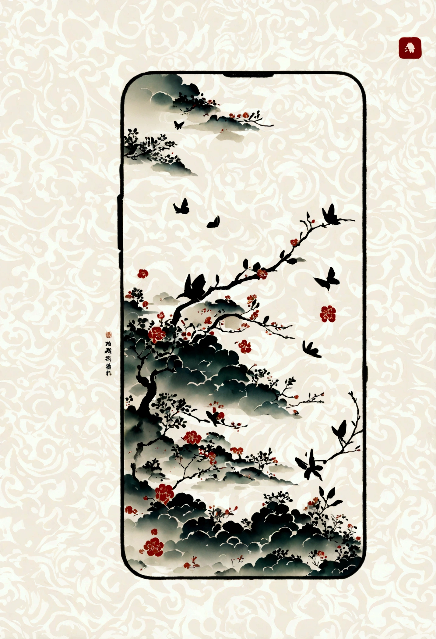 There is a painting，Butterflies stop on flowers, The image is located in the lower right corner，Lots of white space，程家穗的Minimalism, tumblr, Minimalism, Chinese watercolor style, Chinese style, Chinese painting style, beautiful iphone wallpapers, Chinese painting, Wallpaper Art, Traditional Chinese painting, Nakamoto Universe, Chinese Ink Painting, Simple background, phone wallpaper, Amazing wallpapers