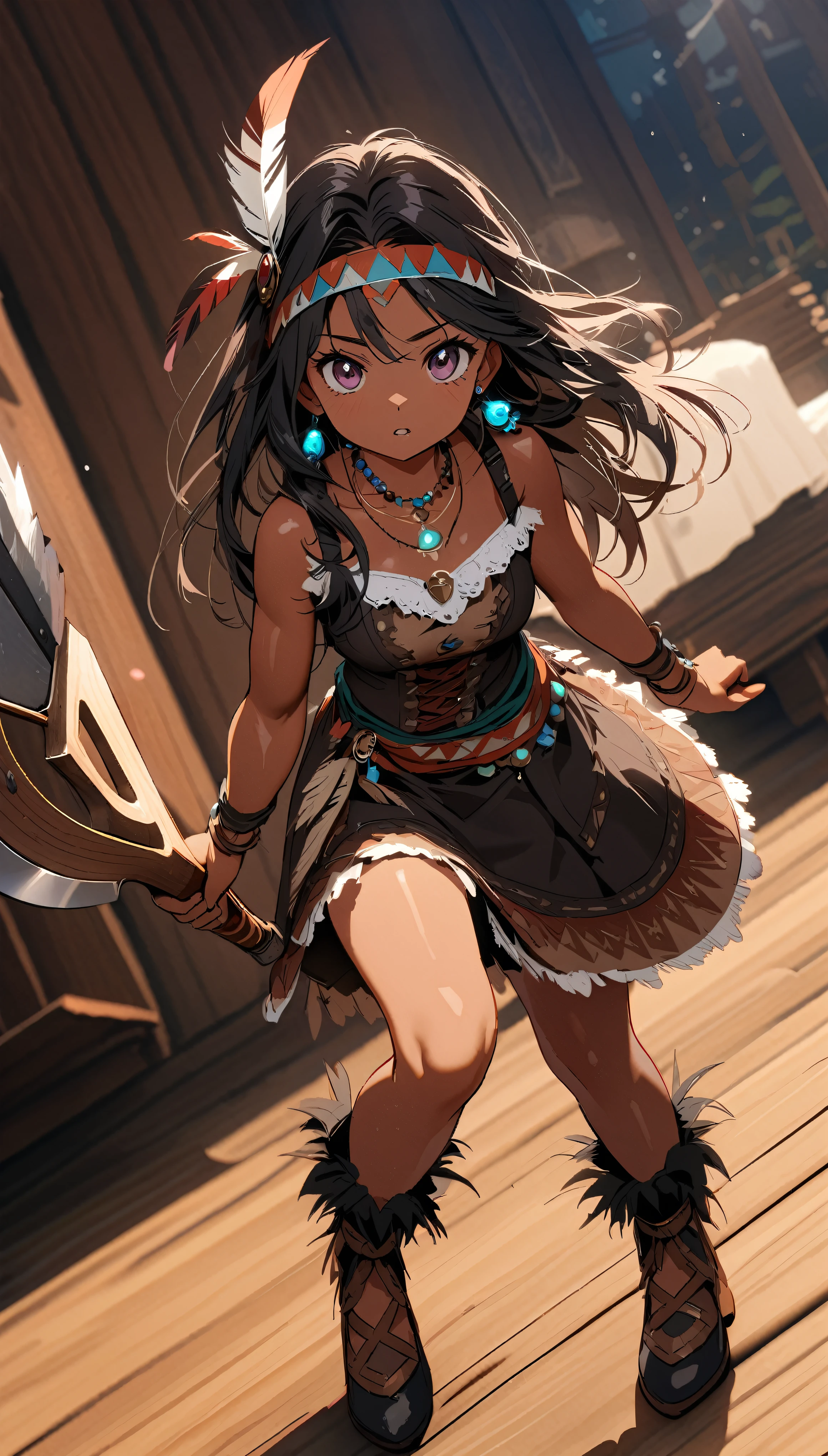 Native American female warrior\(cute,beautiful,age of 18,(muscular:1.5),(holding 1tomahawk:1.3),dark skin,dark floating hair,dark shiny eyes,big eyes,face with strong will,leather dress\(fringe, glass beads\),indian cape\(fringe, glass beads\), war bonnets\(Native American feather crown\),shiny dark fresh skin,breast,necklace\(lots of fangs),indian moccasins,glass bead earrings,full body\), BREAK background\((outside),(wilderness),western era\),Dynamic action pose, dynamic angle, BREAK ,quality\(8k,wallpaper of extremely detailed CG unit, ​masterpiece,hight resolution,top-quality,top-quality real texture skin,hyper realisitic,increase the resolution,RAW photos,best qualtiy,highly detailed,the wallpaper,cinematic lighting,ray trace,golden ratio\)[nsfw:2.0],looking at viewer,long shot, wide shot,show tomahawk