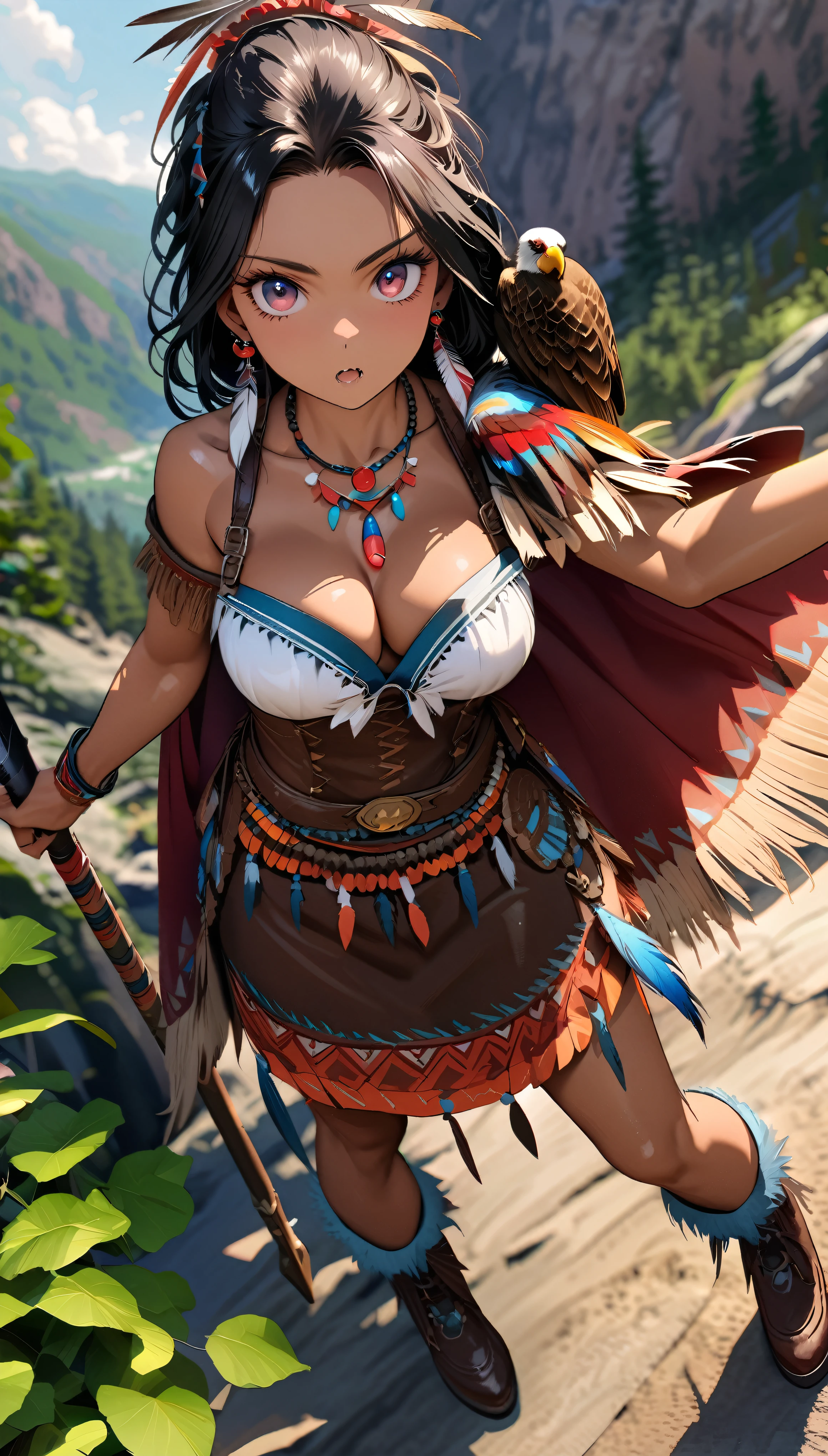 Native American female warrior\(cute,beautiful,age of 18,(muscular:1.3),holding heavy 1indian spear,dark skin,dark floating hair,dark shiny eyes,big eyes,face with strong will,leather dress\(fringe, glass beads\),indian cape\(fringe, glass beads\), war bonnets\(Native American feather crown\),shiny dark fresh skin,breast,necklace\(lots of fangs),indian moccasins,glass bead earrings,(beautifle 1hawk on shoulder:1.3),full body\), BREAK ,background(outside,American wilderness,western era),Dynamic action poses, dynamic angles, BREAK ,quality\(8k,wallpaper of extremely detailed CG unit, ​masterpiece,hight resolution,top-quality,top-quality real texture skin,hyper realisitic,increase the resolution,RAW photos,best qualtiy,highly detailed,the wallpaper,cinematic lighting,ray trace,golden ratio\)[nsfw:2.0],looking at viewer,close up of spear,