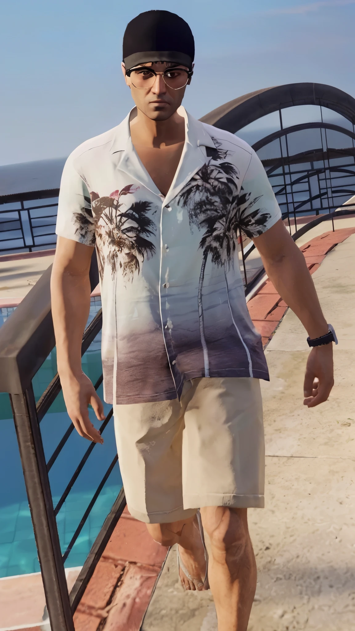 arafed man walking down a sidewalk next to a pool, with hawaiian shirt, summer shirt, style of gta v, hawaiian shirt, waring a hawaiian shirt, as a character from gtav, gta 6 style, style of gta v artworks, gta5 style, gta vice city style, gta character, gta 5 skin tone, gta v street style