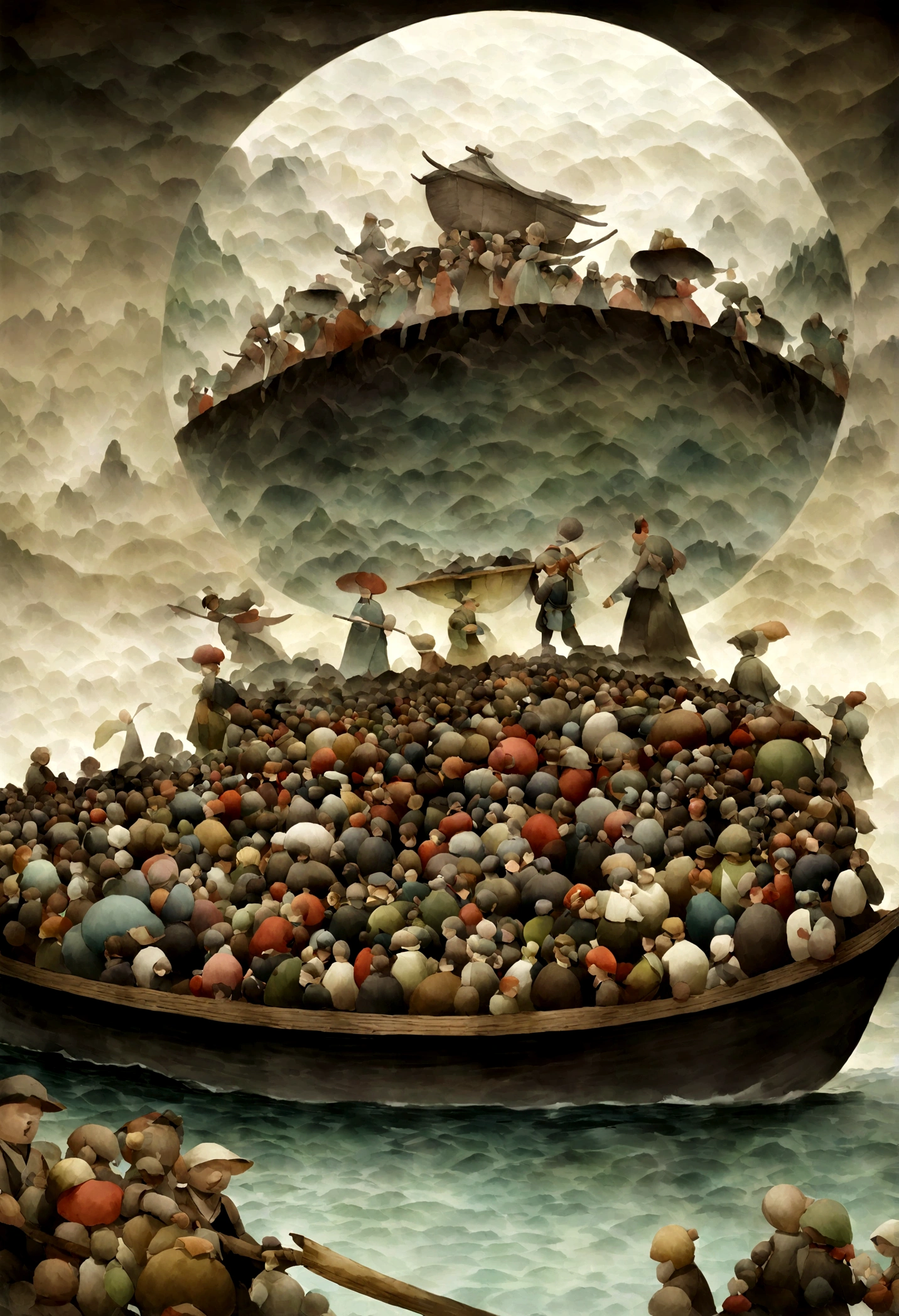 China,On a big river,A child is rowing a wooden boat,Focus on the bow,Many people around cheer,山是China的粽子