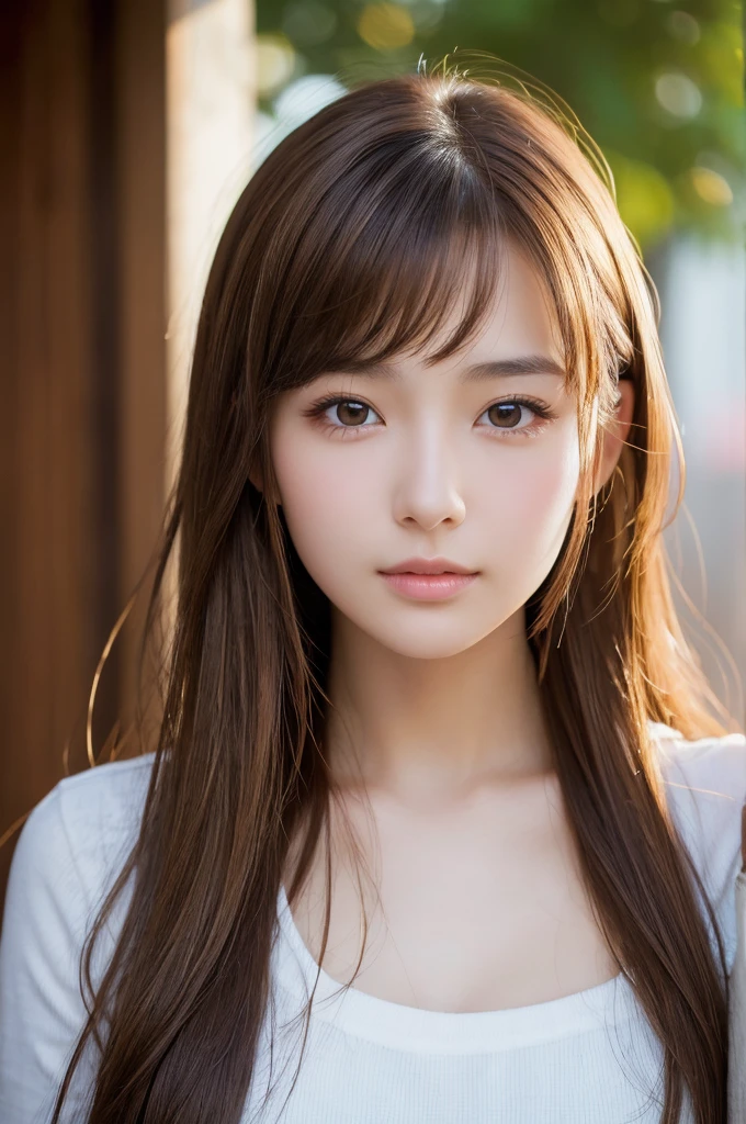 (High resolution:1.3), (16k, Photorealistic, Raw photo, Best image quality: 1.4), Japanese, (One Girl), Beautiful Face, (A vivid face), (Brown hair、Long Hair:1.3), (Brown Eyes 1.3), Beautiful Hairstyles, Realistic eyes, Beautifully detailed eyes, (Realistic Skin), Beautiful skins, attractive, 超A high resolution, Surreal, High detail, Golden Ratio, Highly detailed cute girl,(20-year-old)