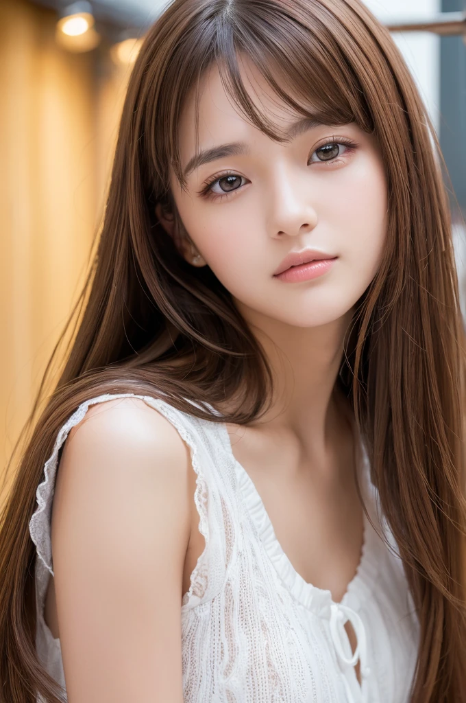 (High resolution:1.3), (16k, Photorealistic, Raw photo, Best image quality: 1.4), Japanese, (One Girl), Beautiful Face, (A vivid face), (Brown hair、Long Hair:1.3), (Brown Eyes 1.3), Beautiful Hairstyles, Realistic eyes, Beautifully detailed eyes, (Realistic Skin), Beautiful skins, attractive, 超A high resolution, Surreal, High detail, Golden Ratio, Highly detailed cute girl,(20-year-old)