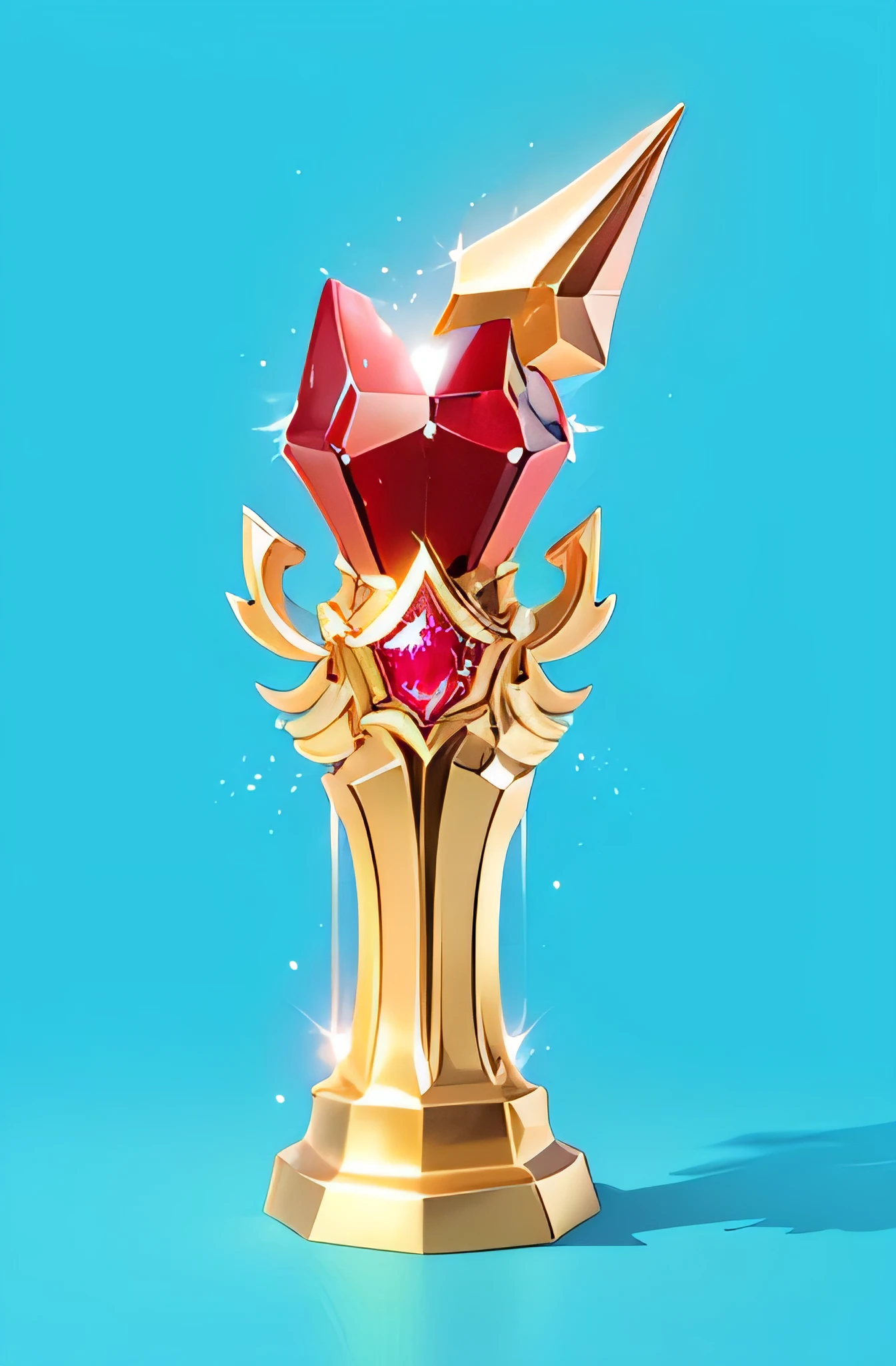 There is a golden trophy,It has a red diamond on it, cgsociety award, The glittering gem on the hilt, We all must carry the torch, League of Legends Champion, cgsociety Awards, Award-winning images, Won the CGsociety, From League of Legends, Won an award on ArtStation, rossdraws Global Illumination, game, Scepter, Award-winning CGI
