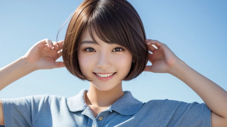 Produce the highest quality and highest resolution 8K images。The model is a 20-year-old Japanese woman.。The image depicts her posing and smiling for the camera.。She has brown eyes and a model figure.、She has an idol-level cute face.。Hair is bob cut。Skin has a healthy color。Clothes、I&#39;m wearing early summer clothes。Please imagine the situation of taking a commemorative photo while traveling alone.。