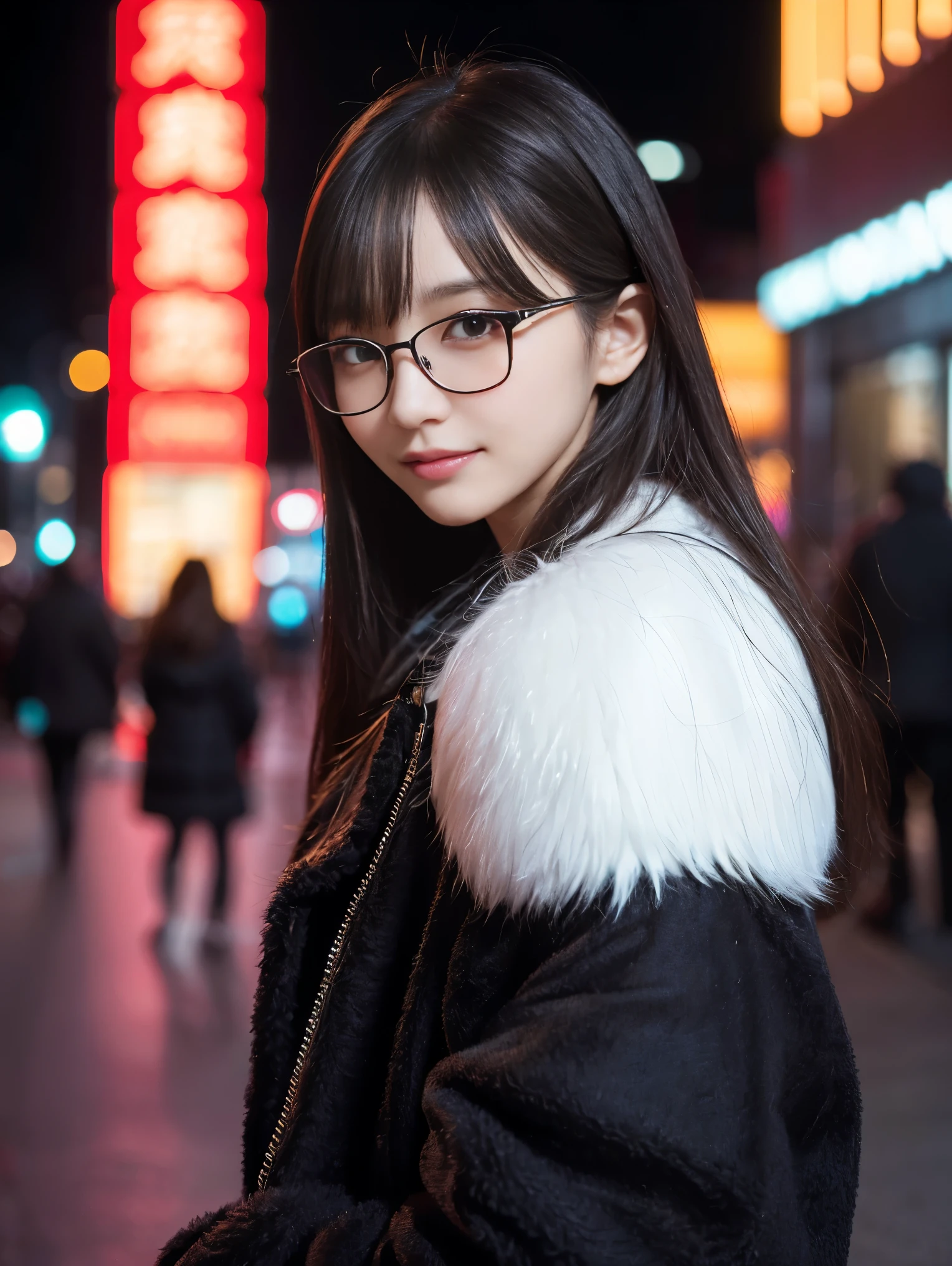 beautiful young girl, 非常にbeautiful detailsな顔, (Slender body:1.4), (Detailed face:1.2), Conceptual Art, high quality, Realistic, Very detailed CG 統合 8k 壁紙, Very detailed, High-resolution RAW color photos, Professional photography, Cinematic Light, beautiful details, Very detailed, Advanced Details, Depth of written border, Super stylish lighting, (beautiful :1.2), Smooth and flawless skin, Expressive and captivating eyes, distinct facial features, Perfectly balanced face, Fine Details and Realistic Textures，Busy Street,night,Neon Street,Blurred Background，Standing position，(Winter，black fluffy jacket),Glasses,looks fun，Showing teeth，smile