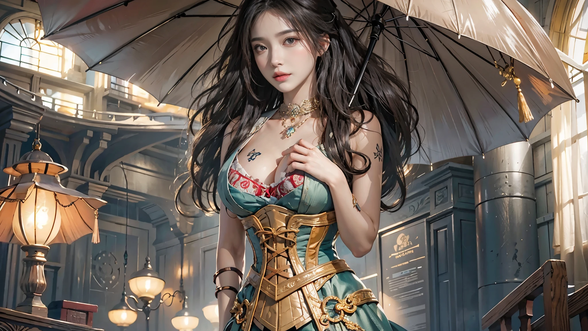 Realistic, High resolution, Soft Light,1 Female, alone, Hip Up, Glowing Skin, (Detailed face), jewelry, tattoo, corset, dress, umbrella, Huge breasts, Wavy Hair