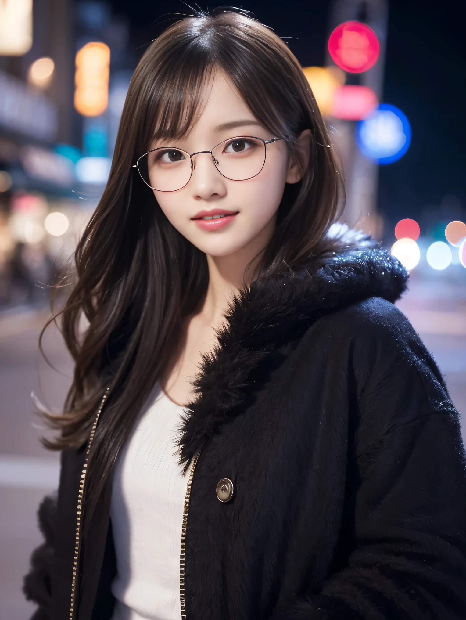 beautiful young girl, 非常にbeautiful detailsな顔, (Slender body:1.4), (Detailed face:1.2), Conceptual Art, high quality, Realistic, Very detailed CG 統合 8k 壁紙, Very detailed, High-resolution RAW color photos, Professional photography, Cinematic Light, beautiful details, Very detailed, Advanced Details, Depth of written border, Super stylish lighting, (beautiful :1.2), Smooth and flawless skin, Expressive and captivating eyes, distinct facial features, Perfectly balanced face, Fine Details and Realistic Textures，Busy Street,night,Neon Street,Blurred Background，Standing position，(Winter，black fluffy jacket),Glasses,looks fun，Showing teeth，smile