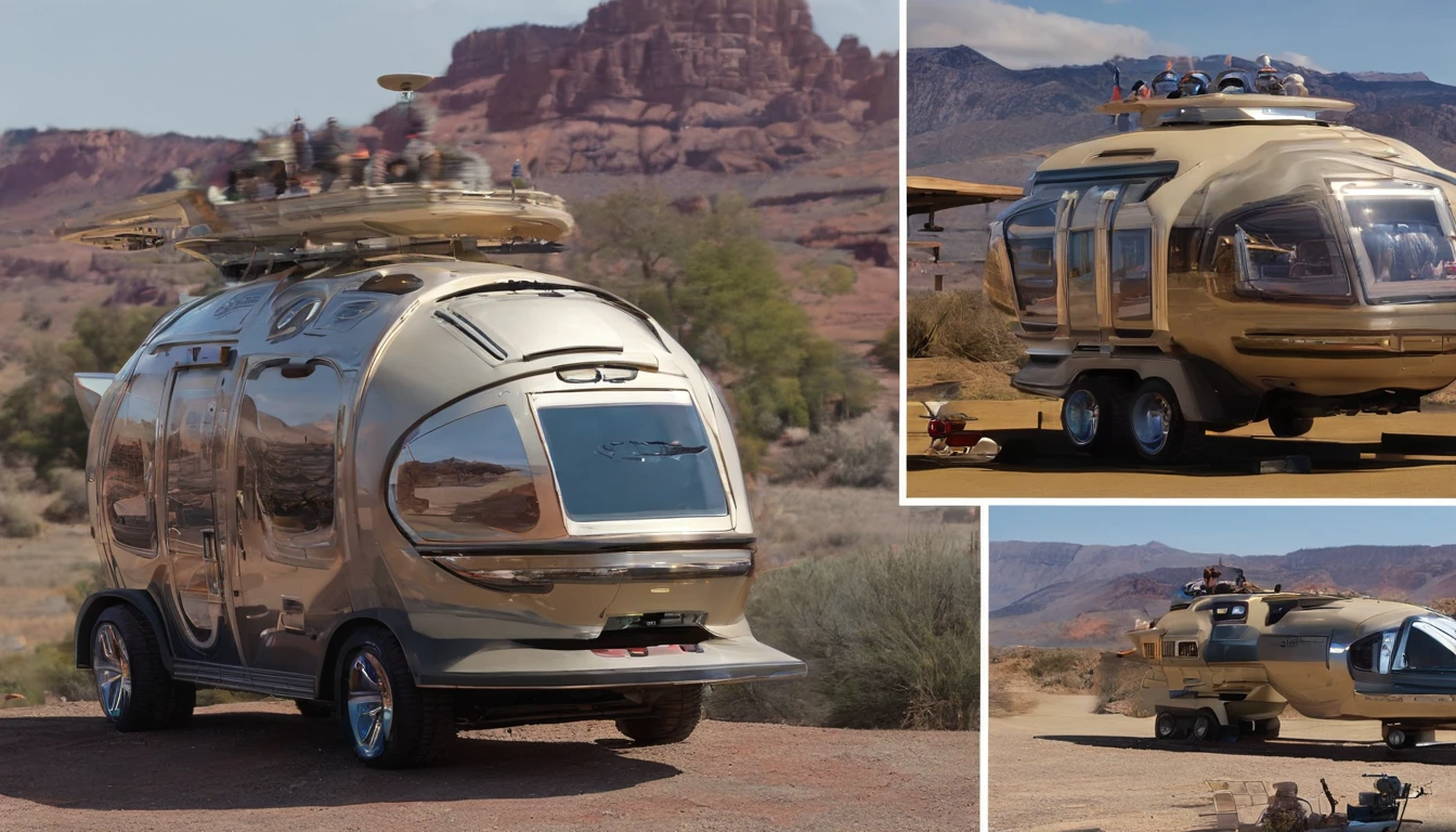 6 1974 Winnebagos stacked on each other built on a tank wheels is rolling on a tundra with a groups of people living inside.The vehicle has& features an open deck areas where the families enjoy spending time together.There are many chairs on the decks, as well as some dining tables for outdoor meals.The scene captures a unique& cozy lifestyle for people.Styles of Larry Niven, insanely symmetrical. Extremely realistic scene.
