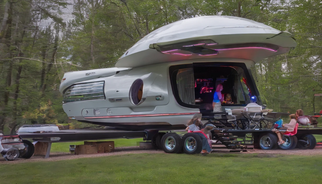 6 1974 Winnebagos stacked on each other built on a tank wheels is rolling on a tundra with a groups of people living inside.The vehicle has& features an open deck areas where the families enjoy spending time together.There are many chairs on the decks, as well as some dining tables for outdoor meals.The scene captures a unique& cozy lifestyle for people.Styles of Larry Niven, insanely symmetrical. Extremely realistic scene.