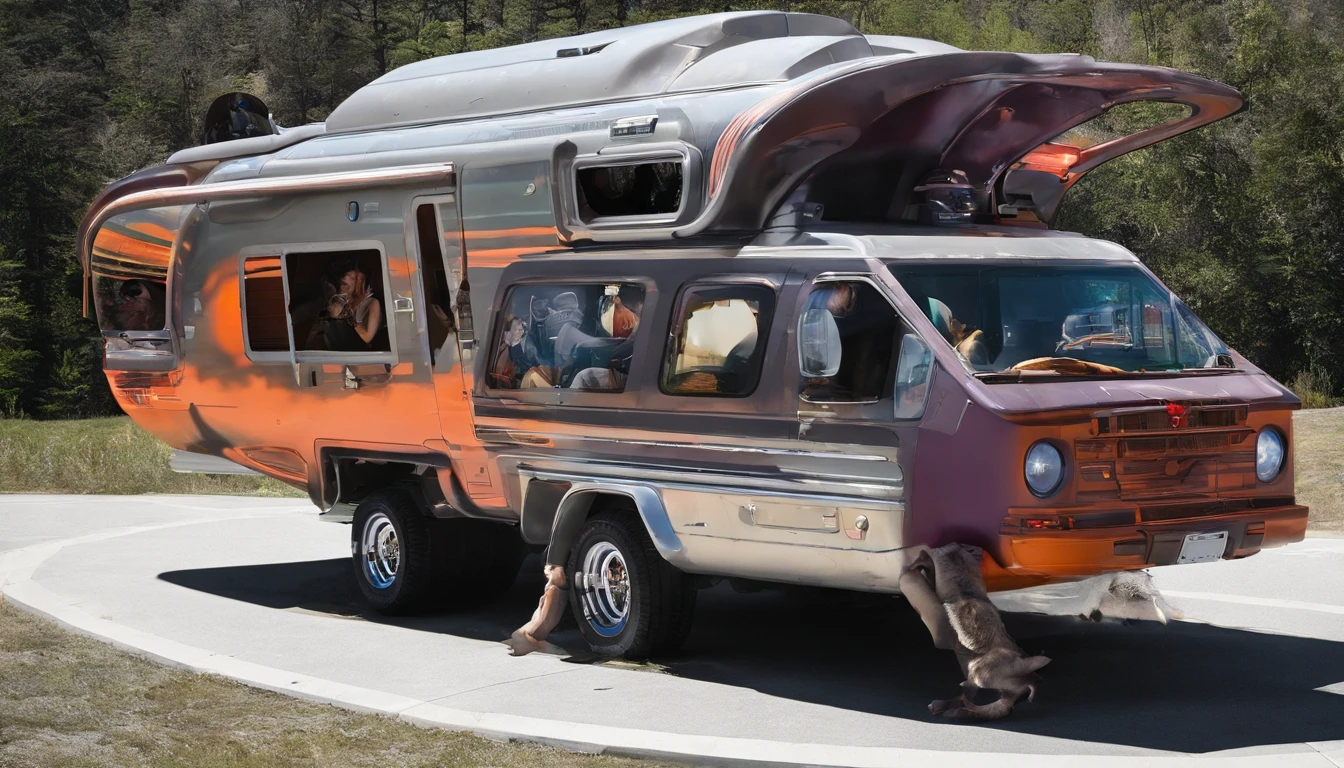 6 1974 Winnebagos stacked on each other built on a tank wheels is rolling on a tundra with a groups of people living inside.The vehicle has& features an open deck areas where the families enjoy spending time together.There are many chairs on the decks, as well as some dining tables for outdoor meals.The scene captures a unique& cozy lifestyle for people.Styles of Larry Niven, insanely symmetrical. Extremely realistic scene.